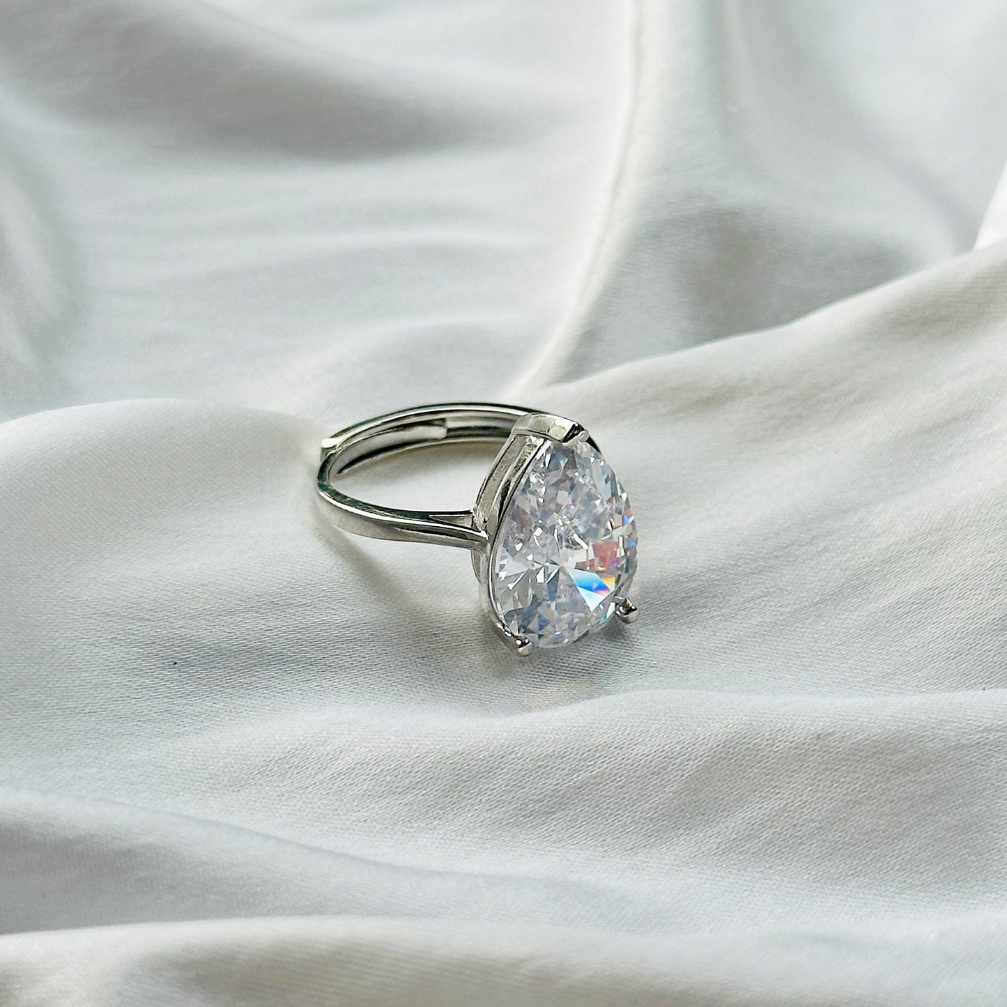 American Diamond Ice Cut Stone Silver Plated Adjustable Ring