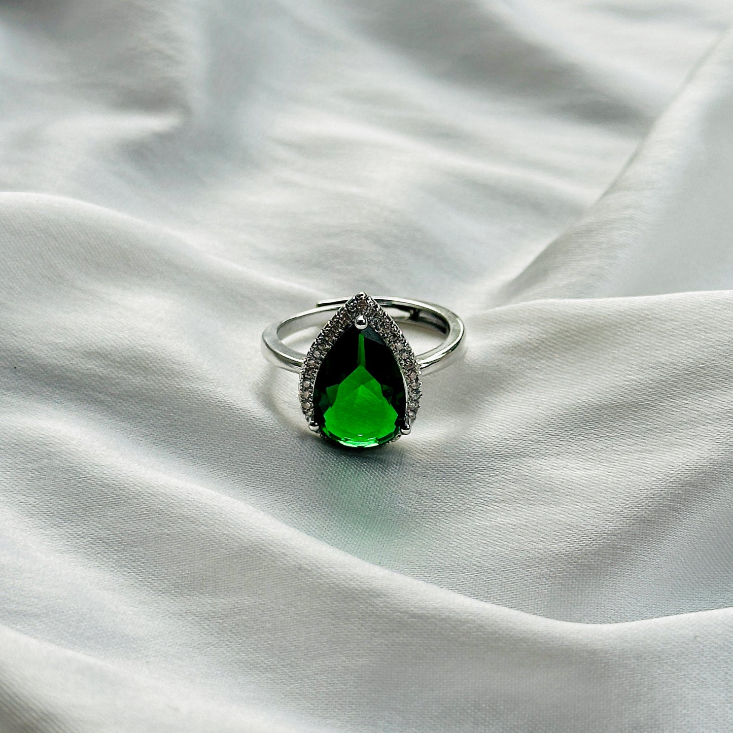 Green Emerald Cubic Zircon Ice Cut Stone American Diamond Silver Plated Adjustable Ring
