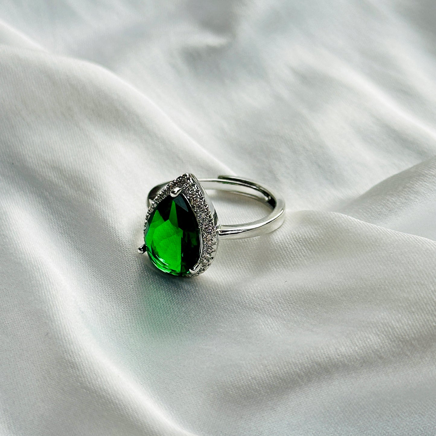 Green Emerald Cubic Zircon Ice Cut Stone American Diamond Silver Plated Adjustable Ring