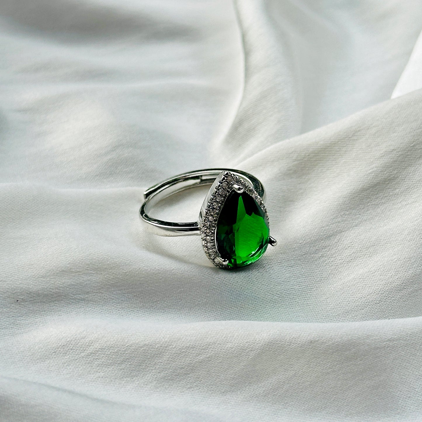Green Emerald Cubic Zircon Ice Cut Stone American Diamond Silver Plated Adjustable Ring