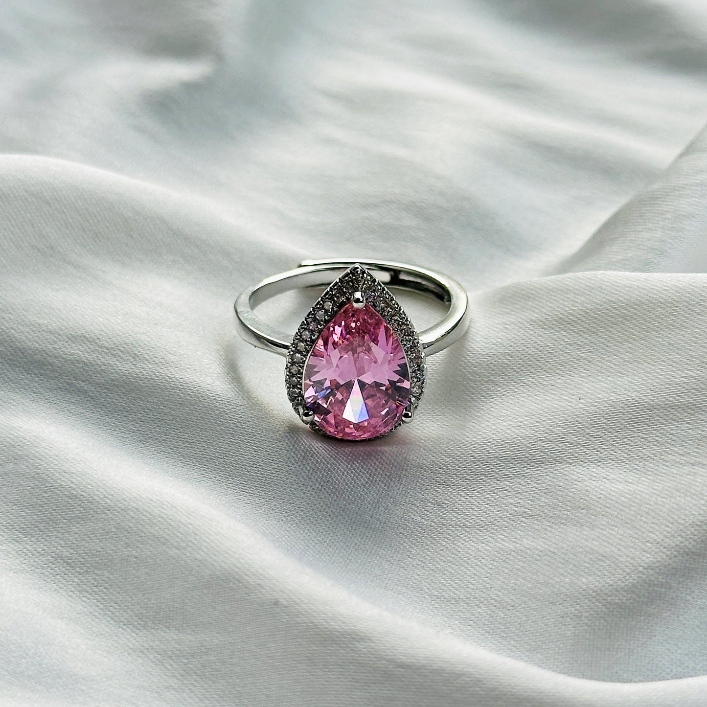 Pink Topaz Cubic Zircon Ice Cut Stone American Diamond Silver Plated Adjustable Ring
