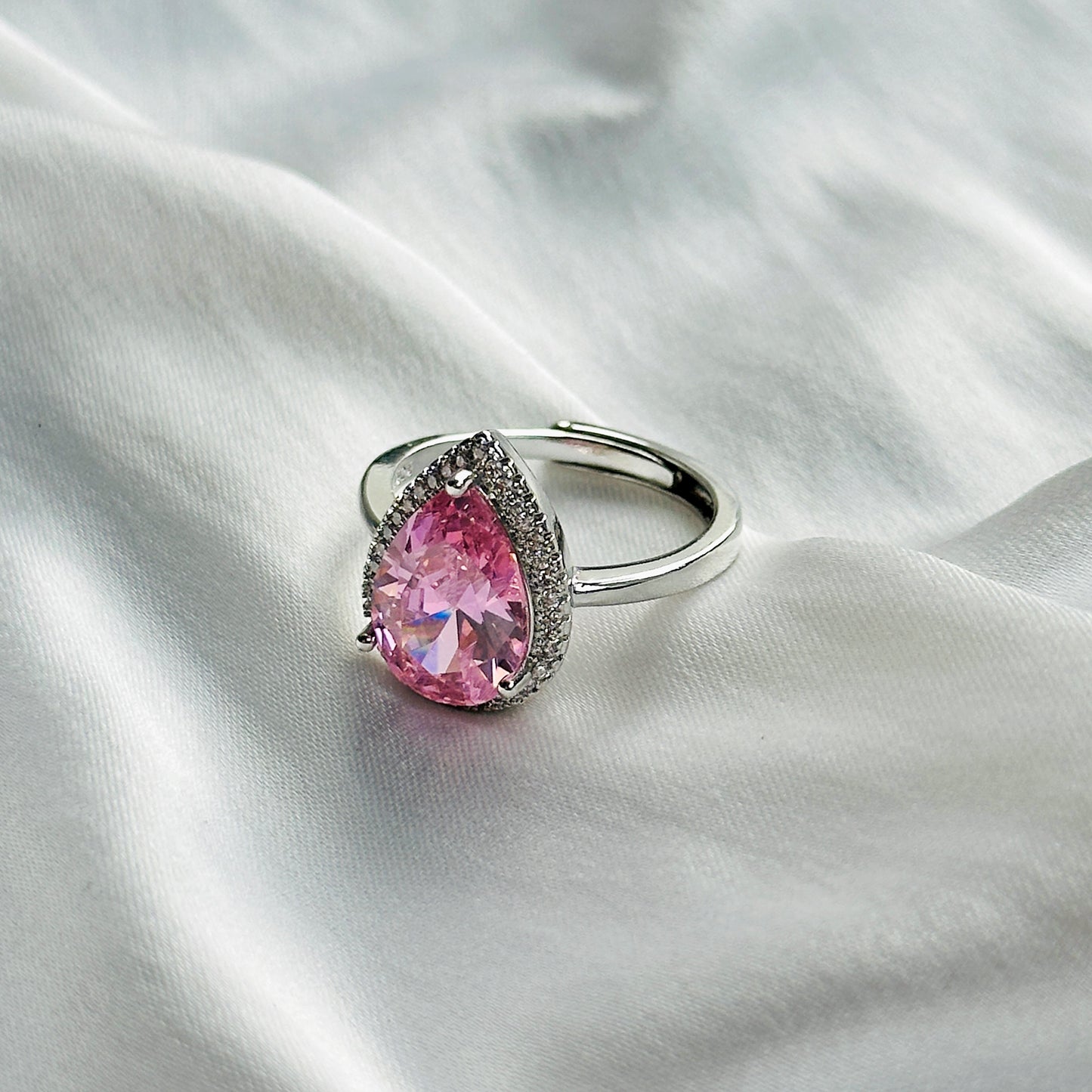 Pink Topaz Cubic Zircon Ice Cut Stone American Diamond Silver Plated Adjustable Ring
