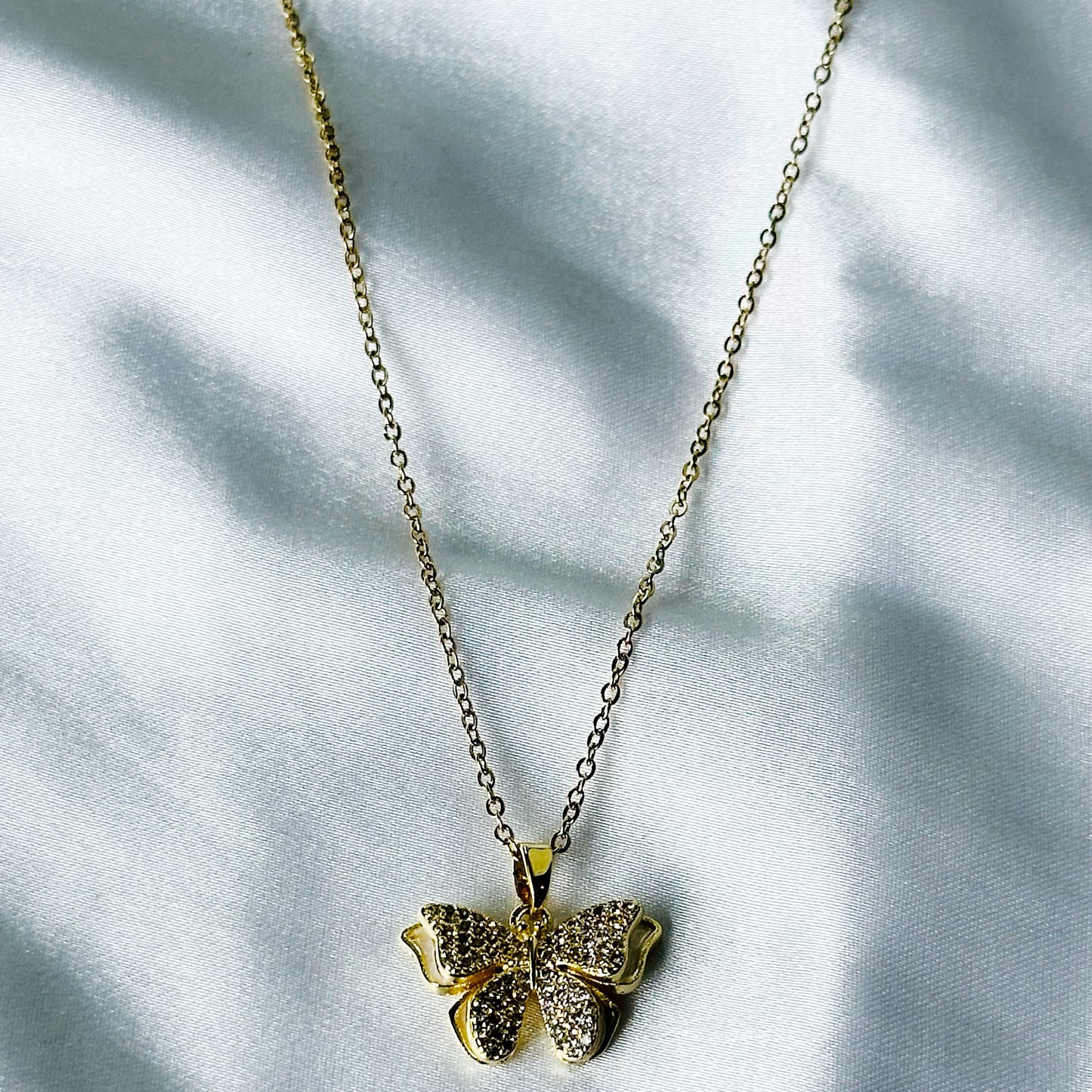 Bow Design American Diamond Gold Plated Stainless Steel Necklace