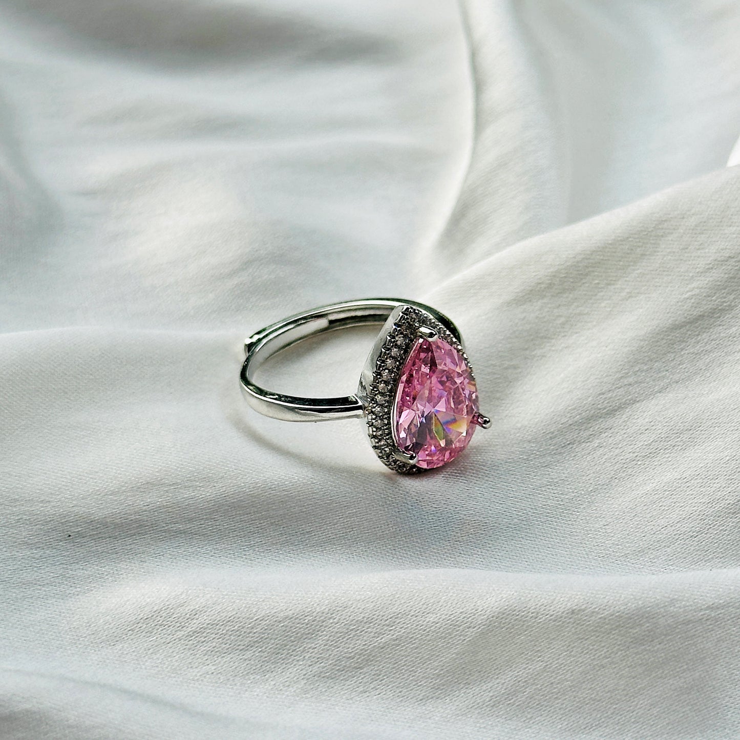 Pink Topaz Cubic Zircon Ice Cut Stone American Diamond Silver Plated Adjustable Ring