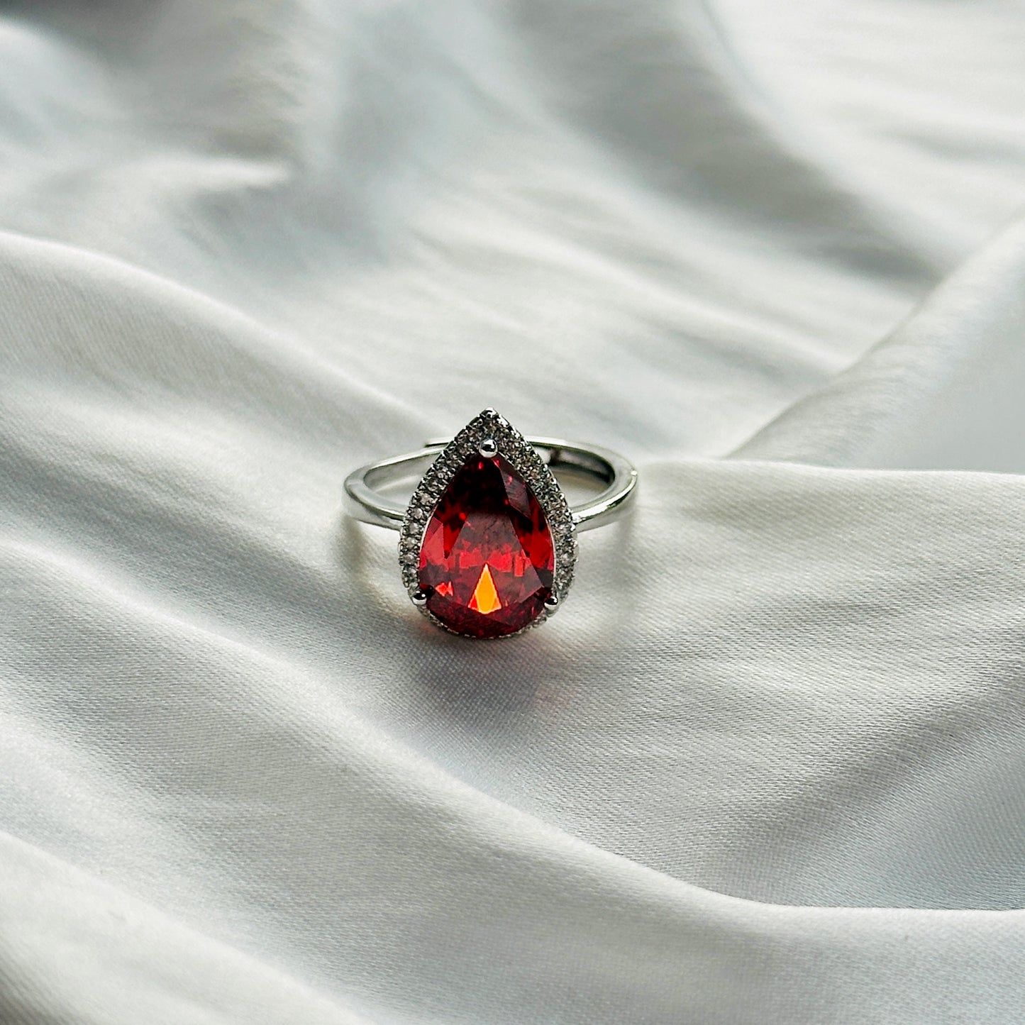 Red Ruby Cubic Zircon Ice Cut Stone American Diamond Silver Plated Adjustable Ring