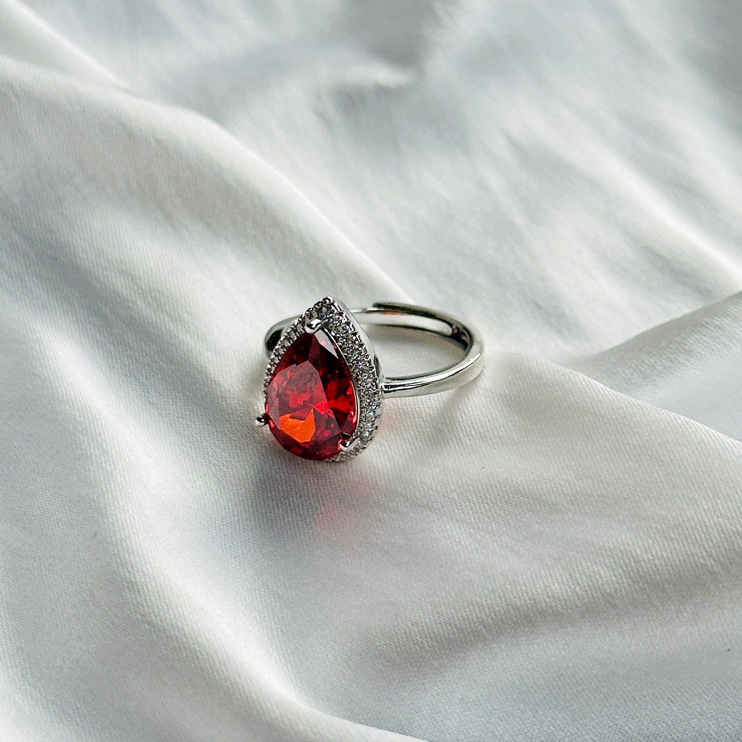 Red Ruby Cubic Zircon Ice Cut Stone American Diamond Silver Plated Adjustable Ring