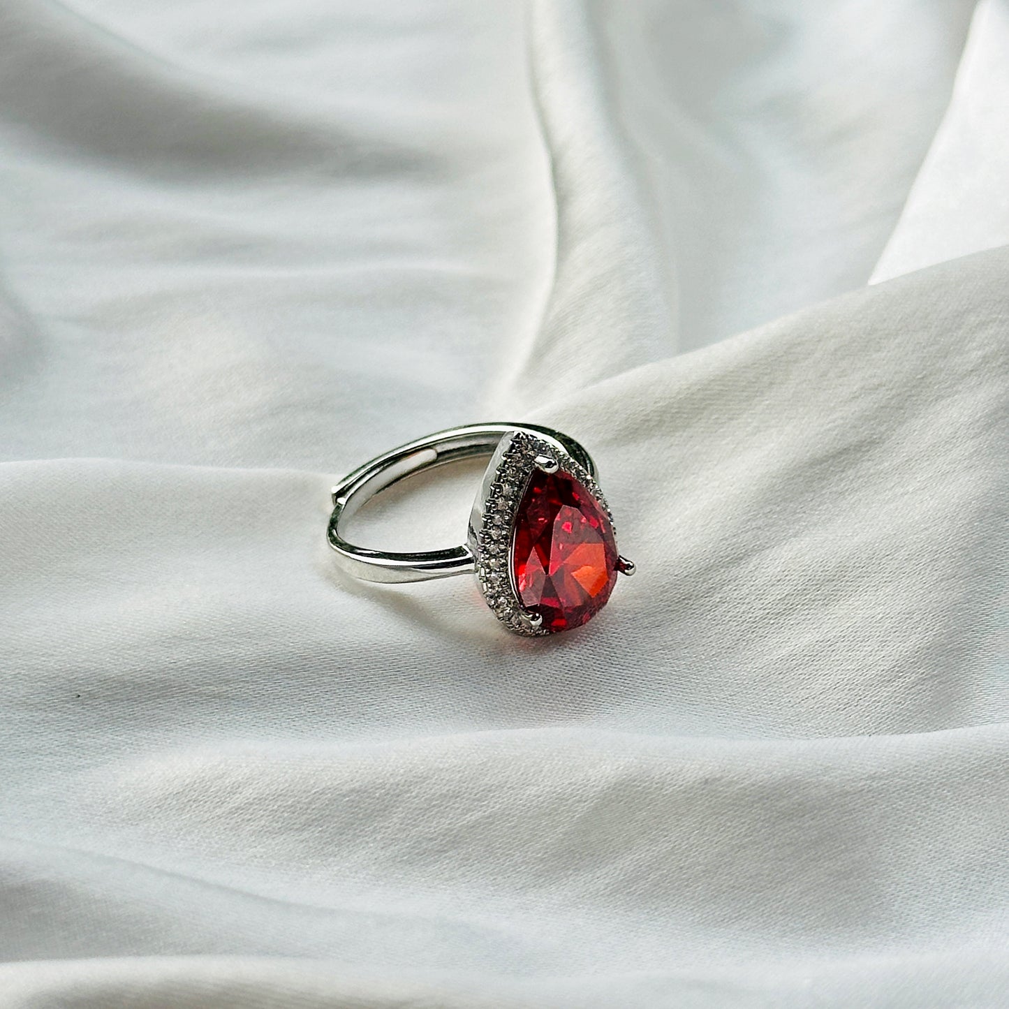 Red Ruby Cubic Zircon Ice Cut Stone American Diamond Silver Plated Adjustable Ring