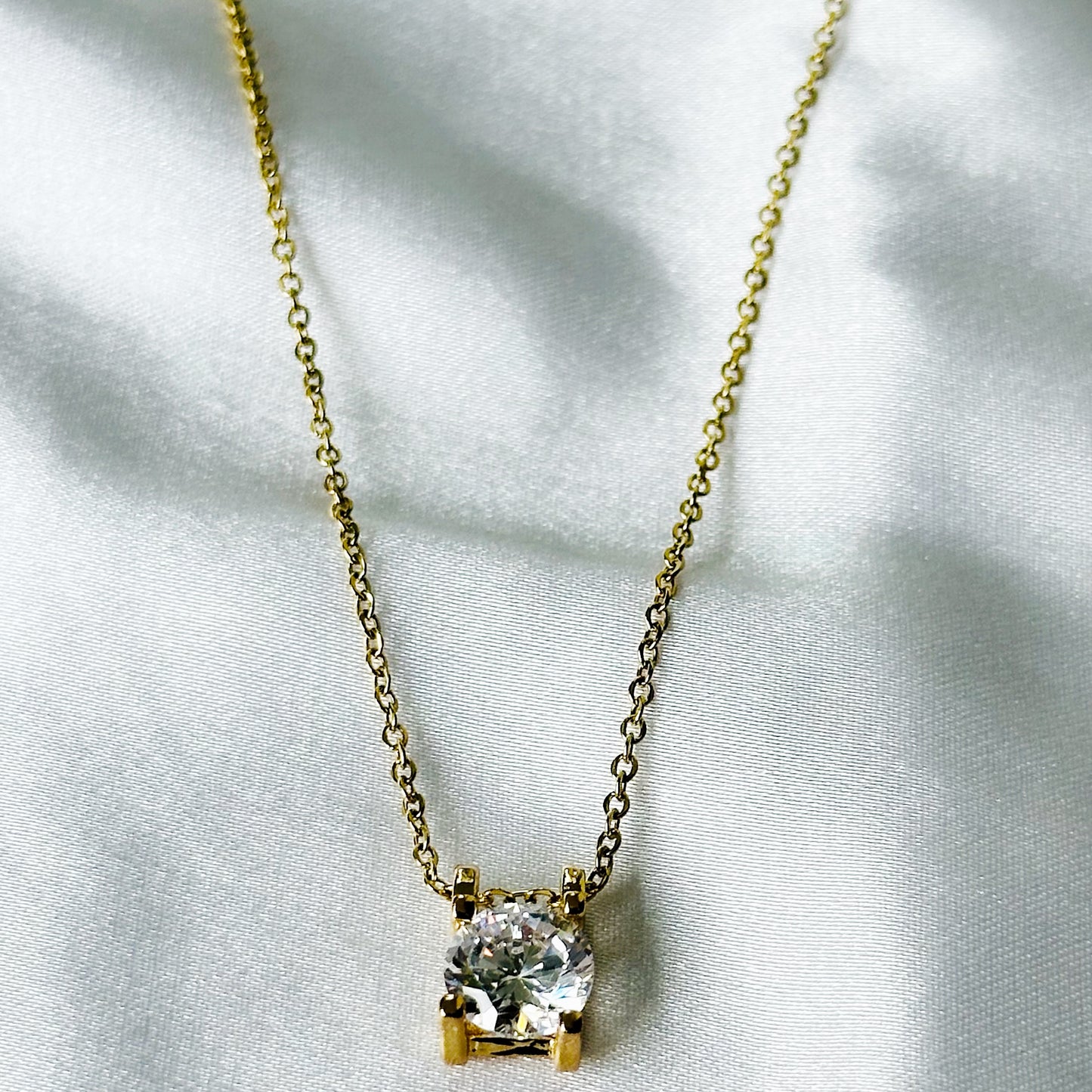 Solitaire Cubic Zircon American Diamond Gold Plated Stainless Steel Necklace