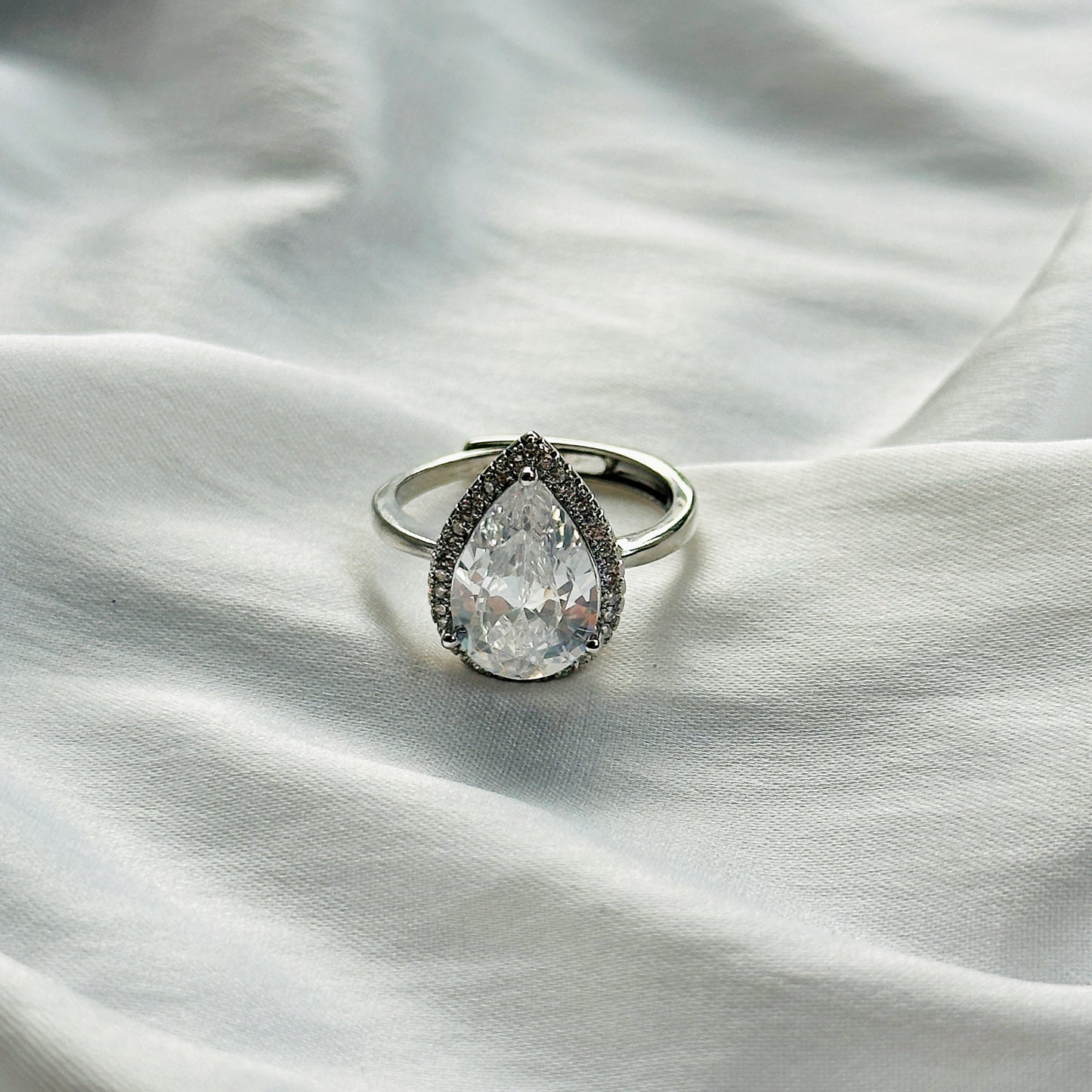 American Diamond Ice Cut Stone American Diamond Silver Plated Adjustable Ring