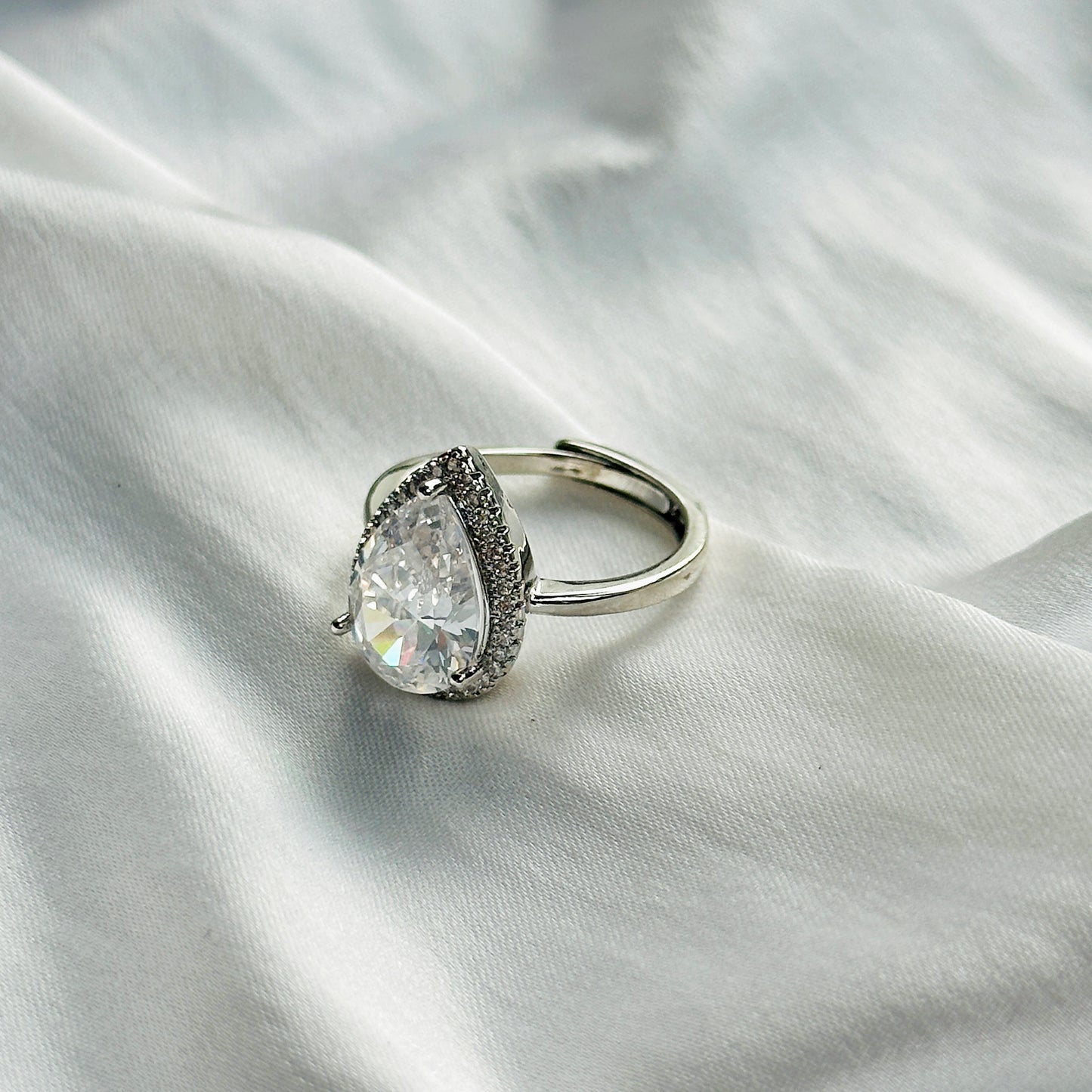 American Diamond Ice Cut Stone American Diamond Silver Plated Adjustable Ring
