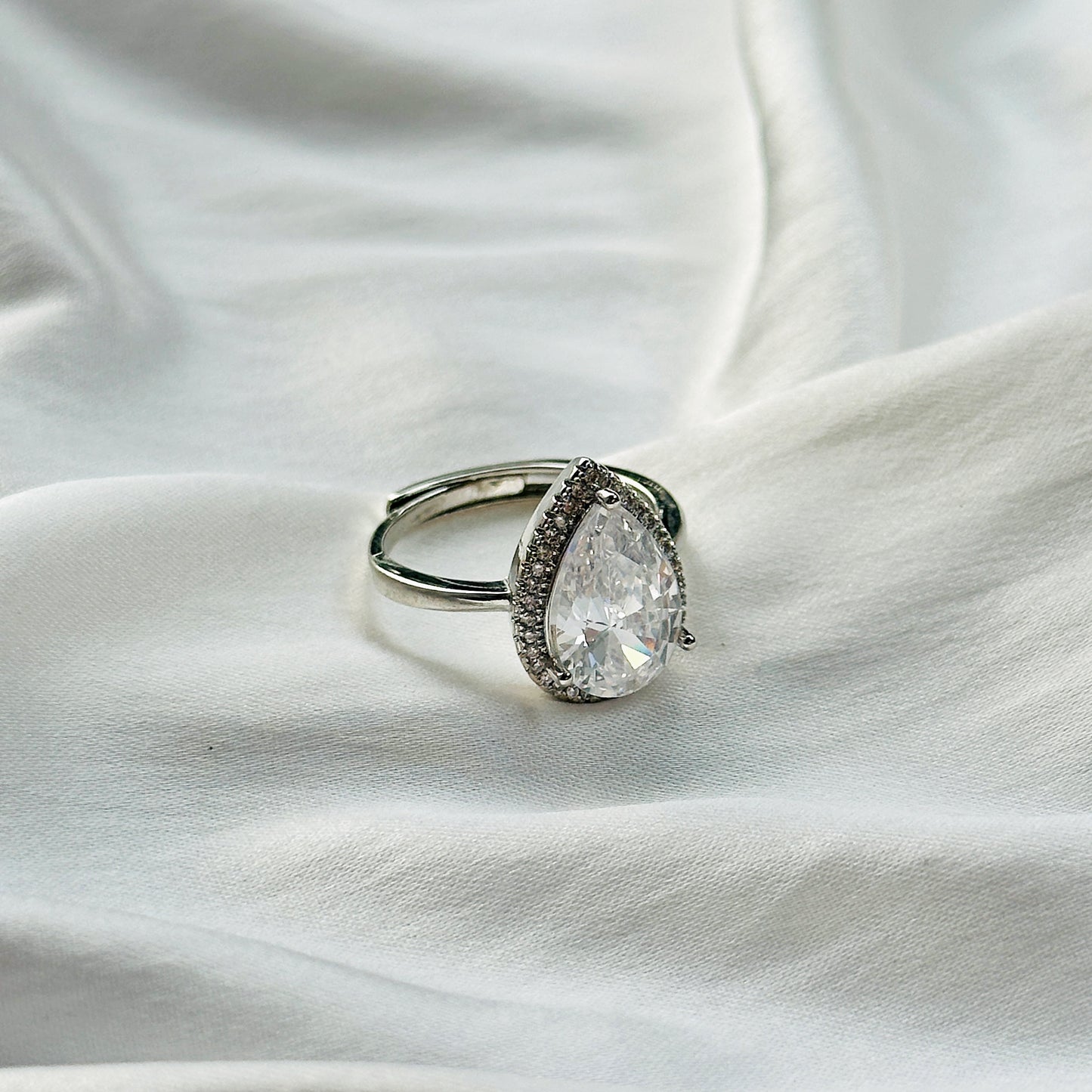 American Diamond Ice Cut Stone American Diamond Silver Plated Adjustable Ring