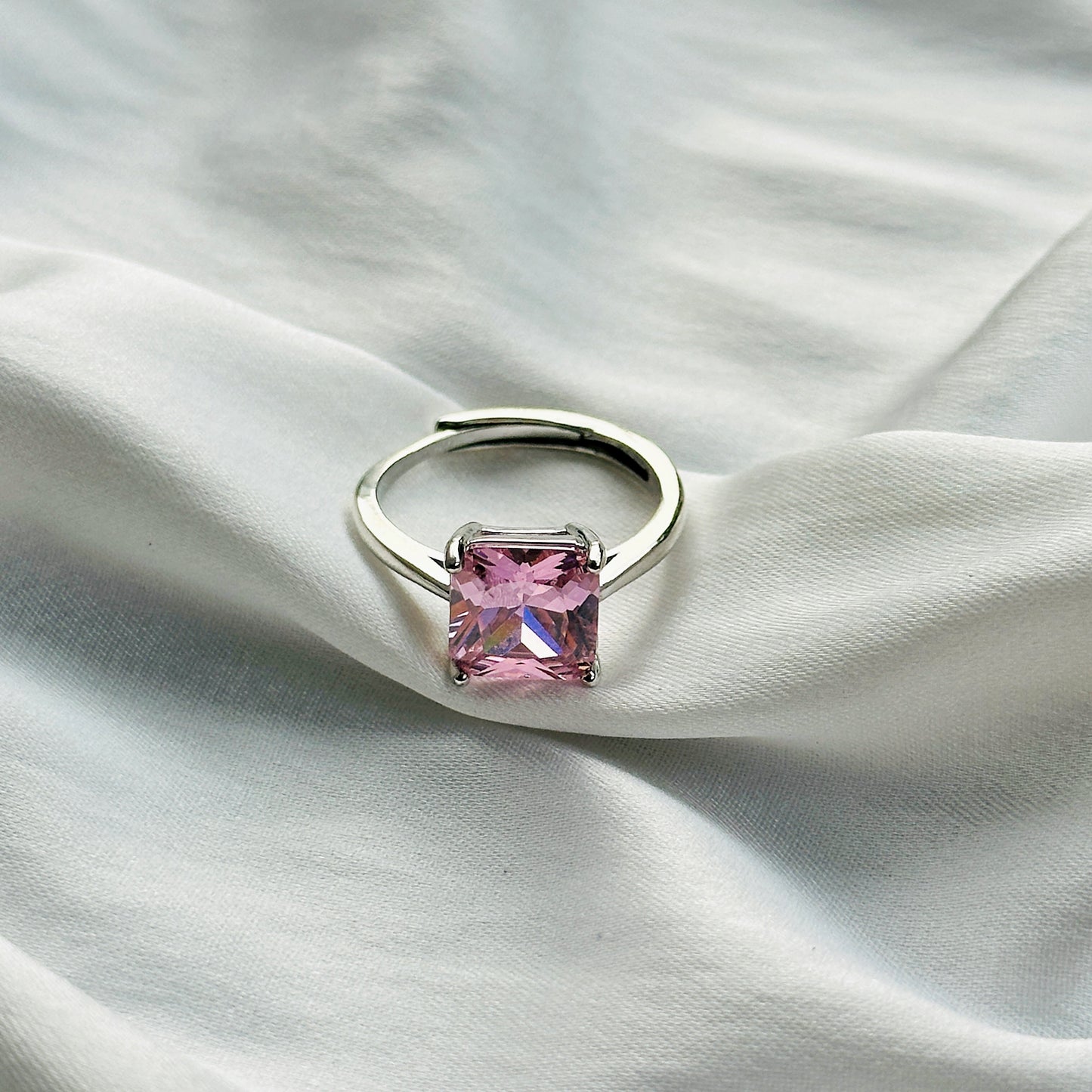 Pink Topaz Cubic Zircon Ice Cut Stone Silver Plated Adjustable Ring