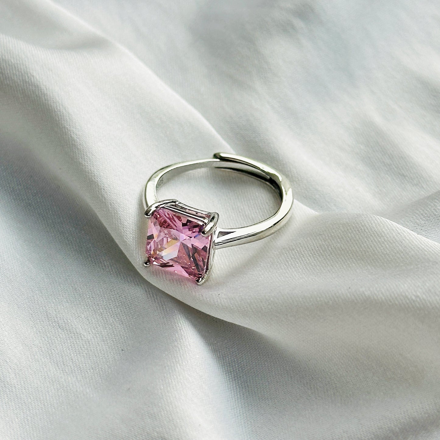 Pink Topaz Cubic Zircon Ice Cut Stone Silver Plated Adjustable Ring