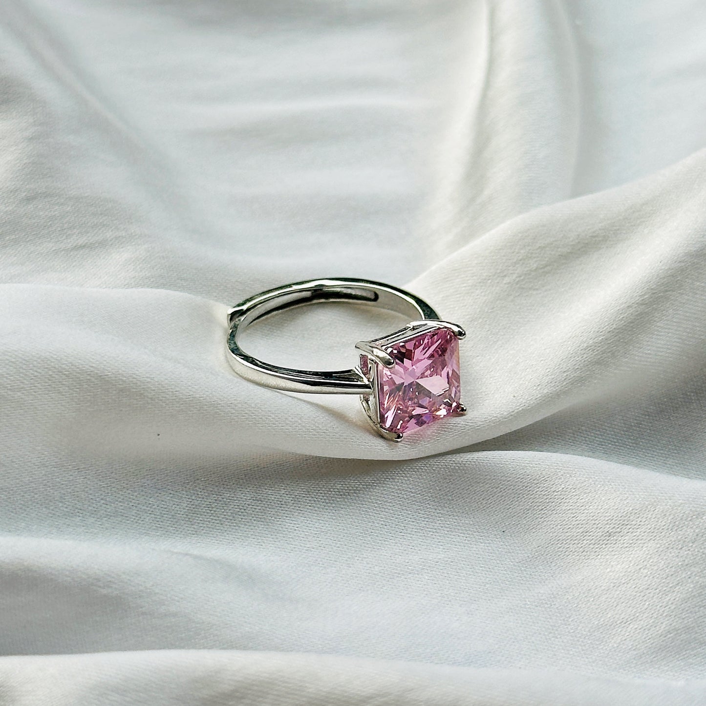 Pink Topaz Cubic Zircon Ice Cut Stone Silver Plated Adjustable Ring