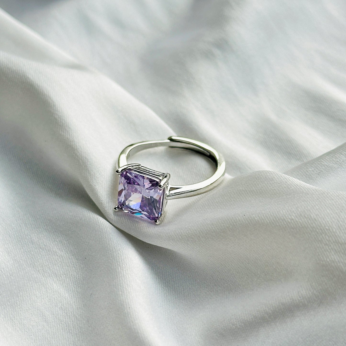 Light Amethyst Cubic Zircon Ice Cut Stone Silver Plated Adjustable Ring