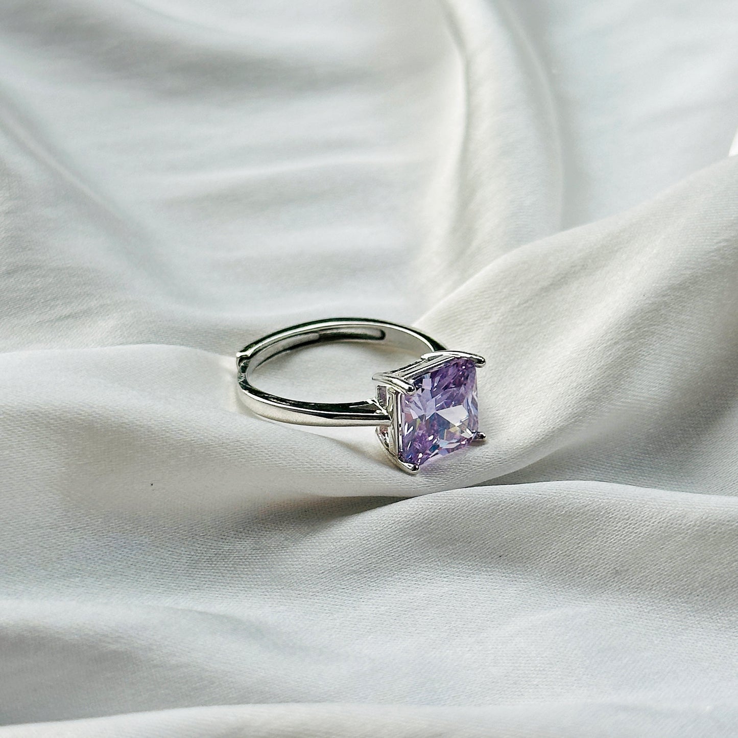 Light Amethyst Cubic Zircon Ice Cut Stone Silver Plated Adjustable Ring