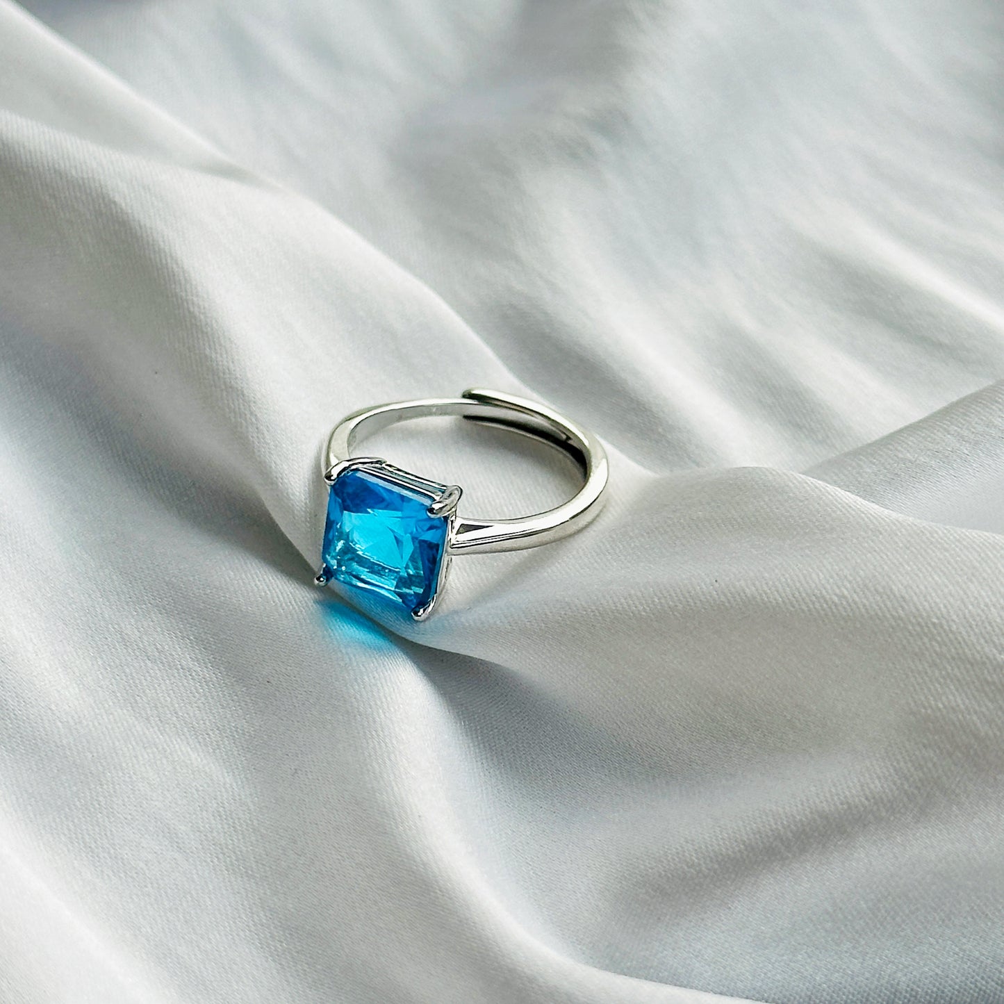Indicolite Cubic Zircon Ice Cut Stone Silver Plated Adjustable Ring