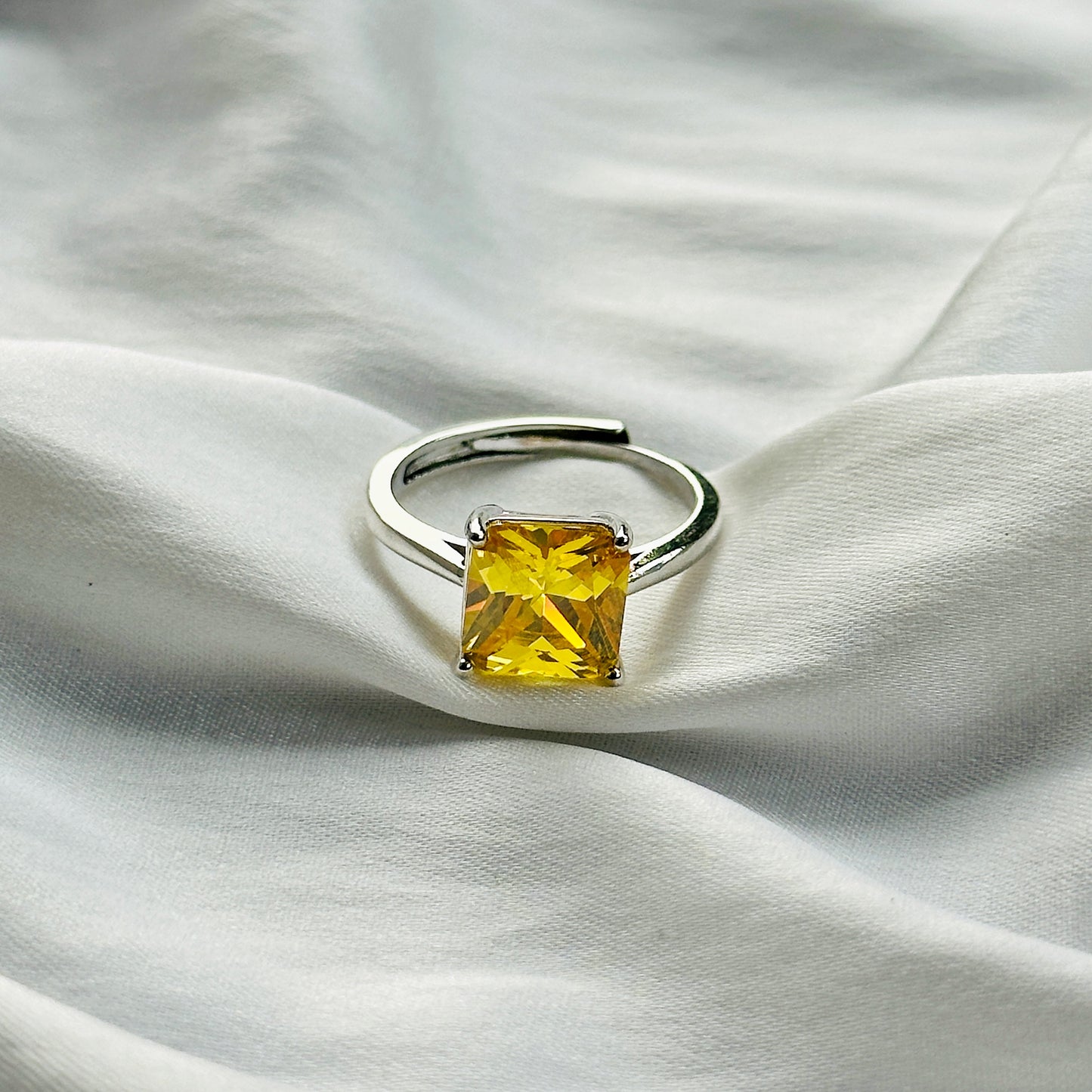 Yellow Topaz Cubic Zircon Ice Cut Stone Silver Plated Adjustable Ring