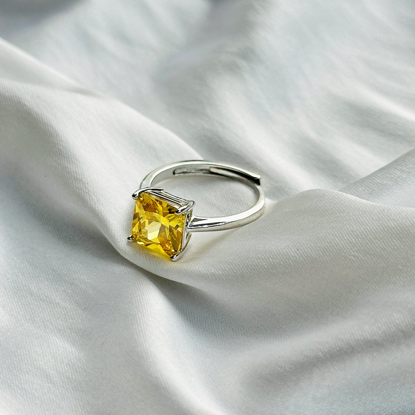 Yellow Topaz Cubic Zircon Ice Cut Stone Silver Plated Adjustable Ring