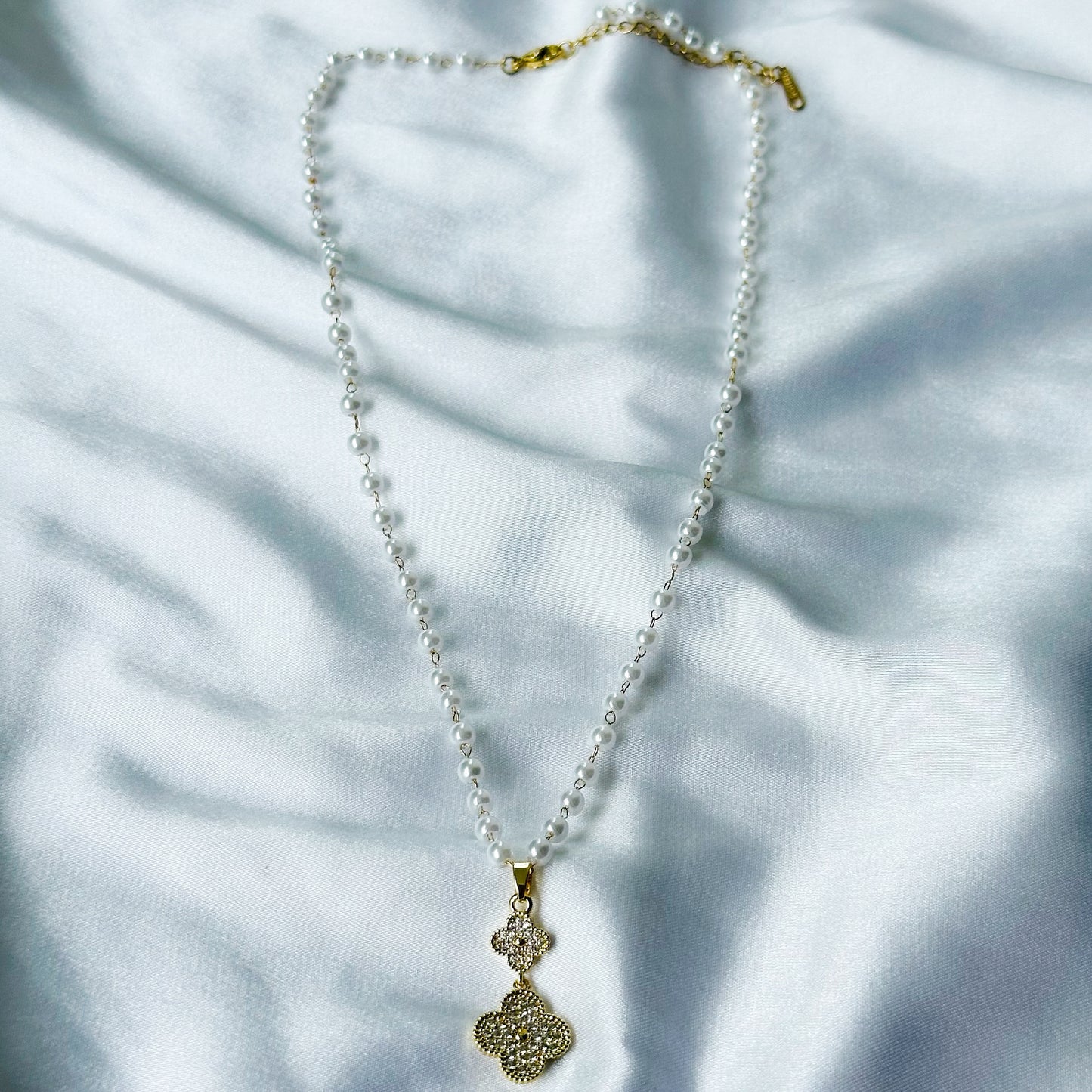 Floral Design American Diamond Pearl Gold Plated Stainless Steel Necklace