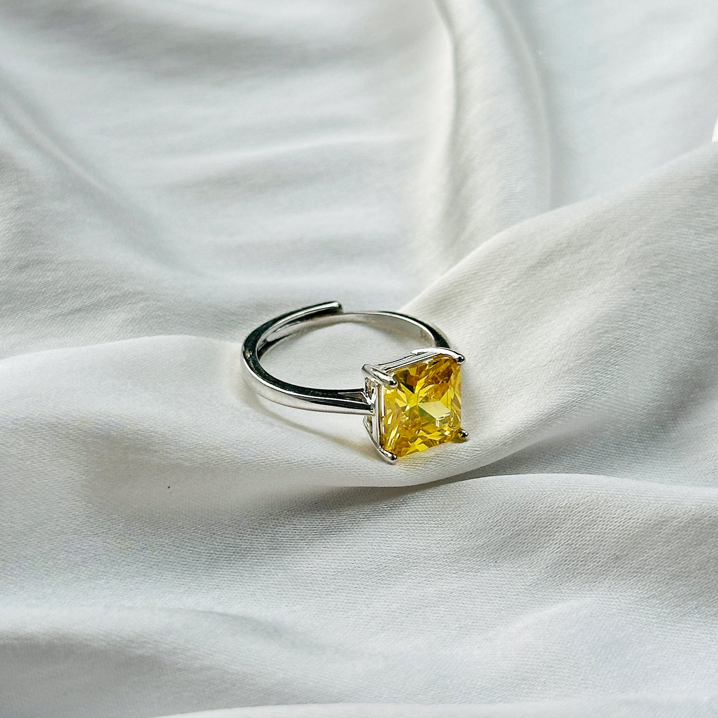 Yellow Topaz Cubic Zircon Ice Cut Stone Silver Plated Adjustable Ring