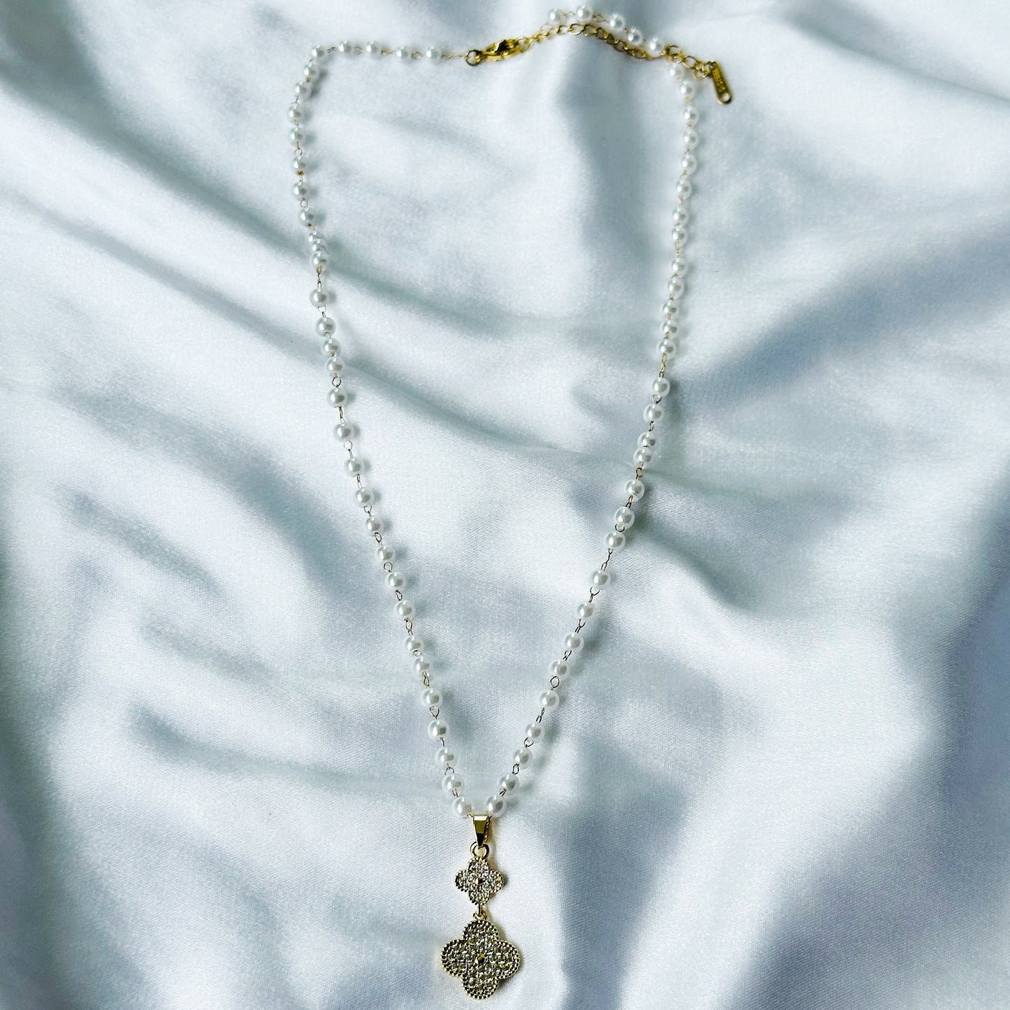 Floral Design American Diamond Pearl Gold Plated Stainless Steel Necklace