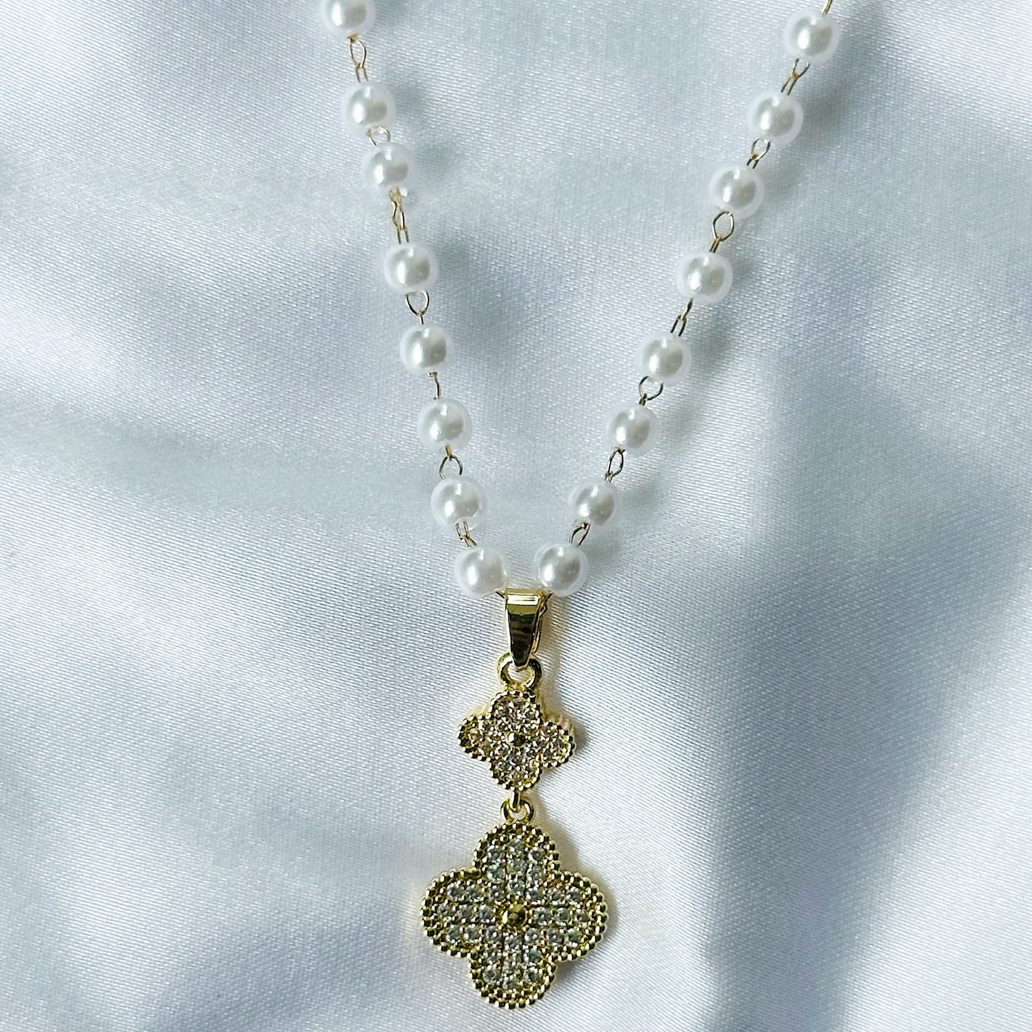 Floral Design American Diamond Pearl Gold Plated Stainless Steel Necklace