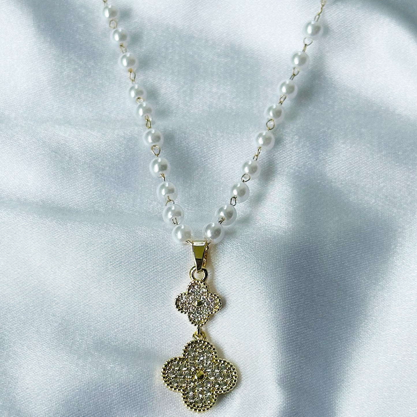 Floral Design American Diamond Pearl Gold Plated Stainless Steel Necklace