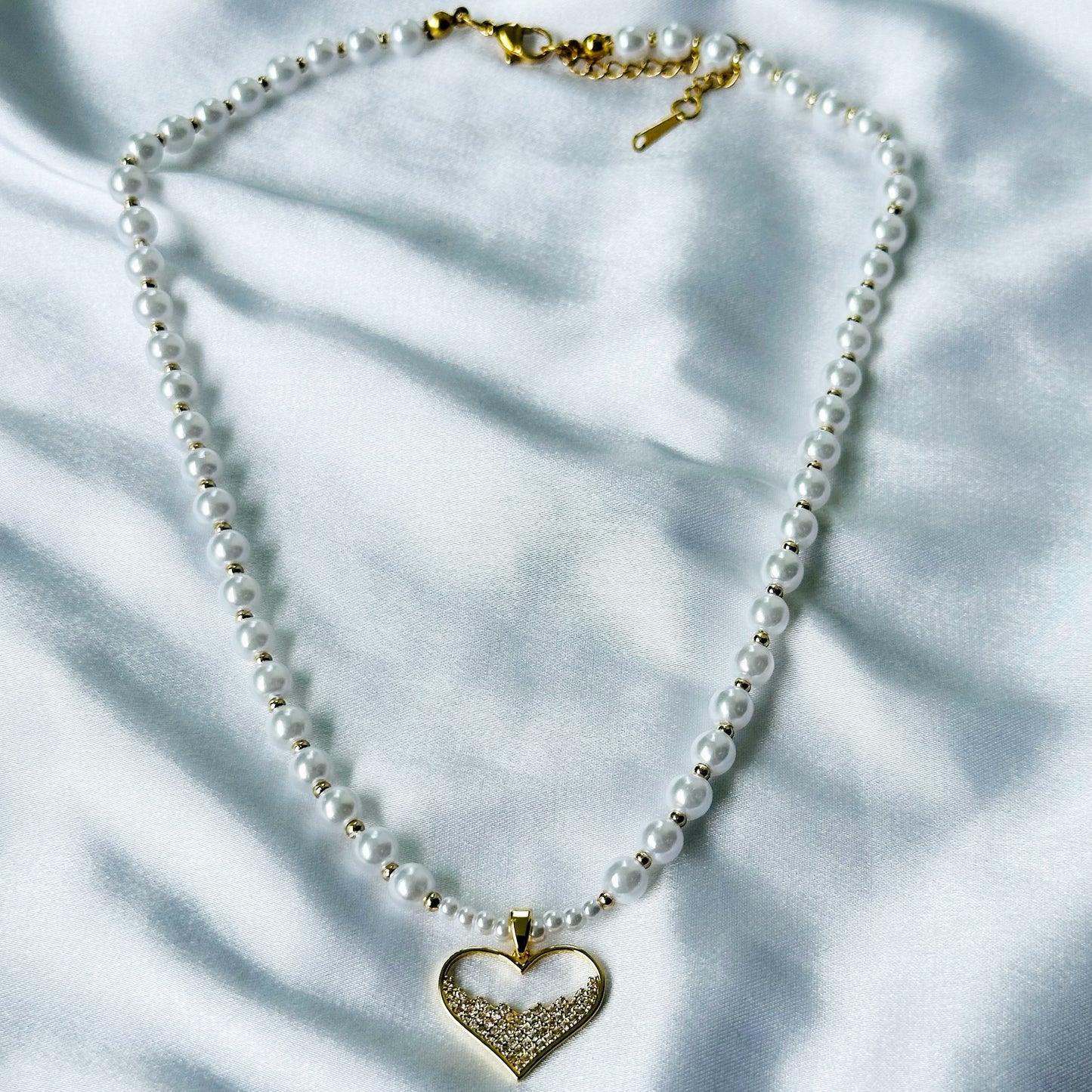 Heart Shape American Diamond Pearl Gold Plated Stainless Steel Necklace
