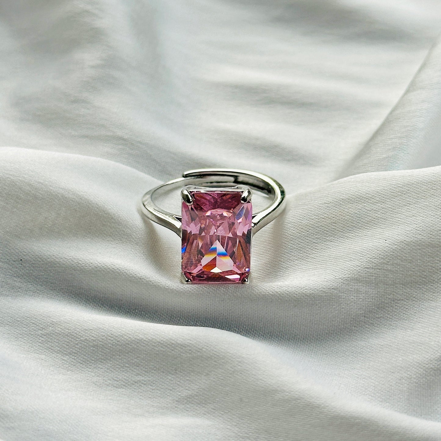 Pink Topaz Cubic Zircon Ice Cut Stone Silver Plated Adjustable Ring