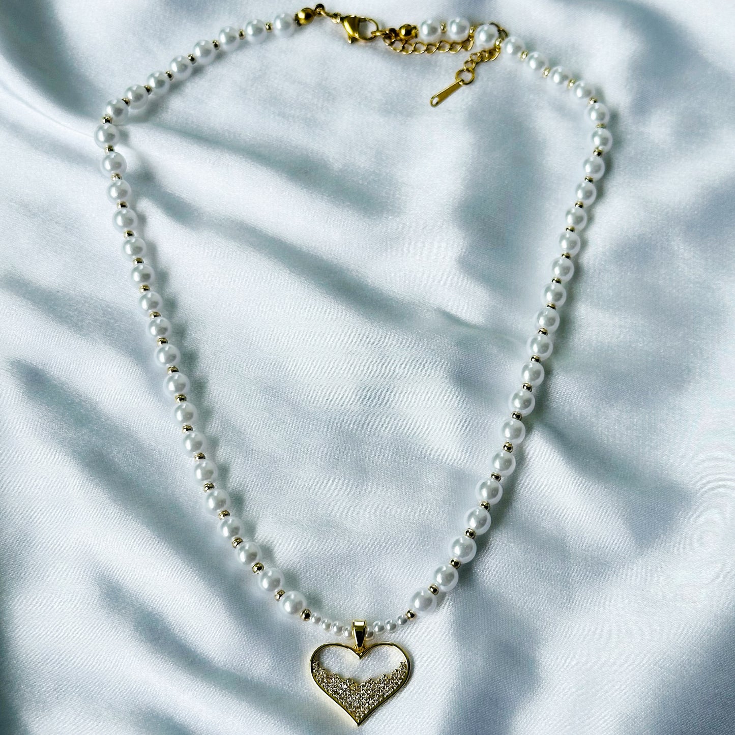 Heart Shape American Diamond Pearl Gold Plated Stainless Steel Necklace