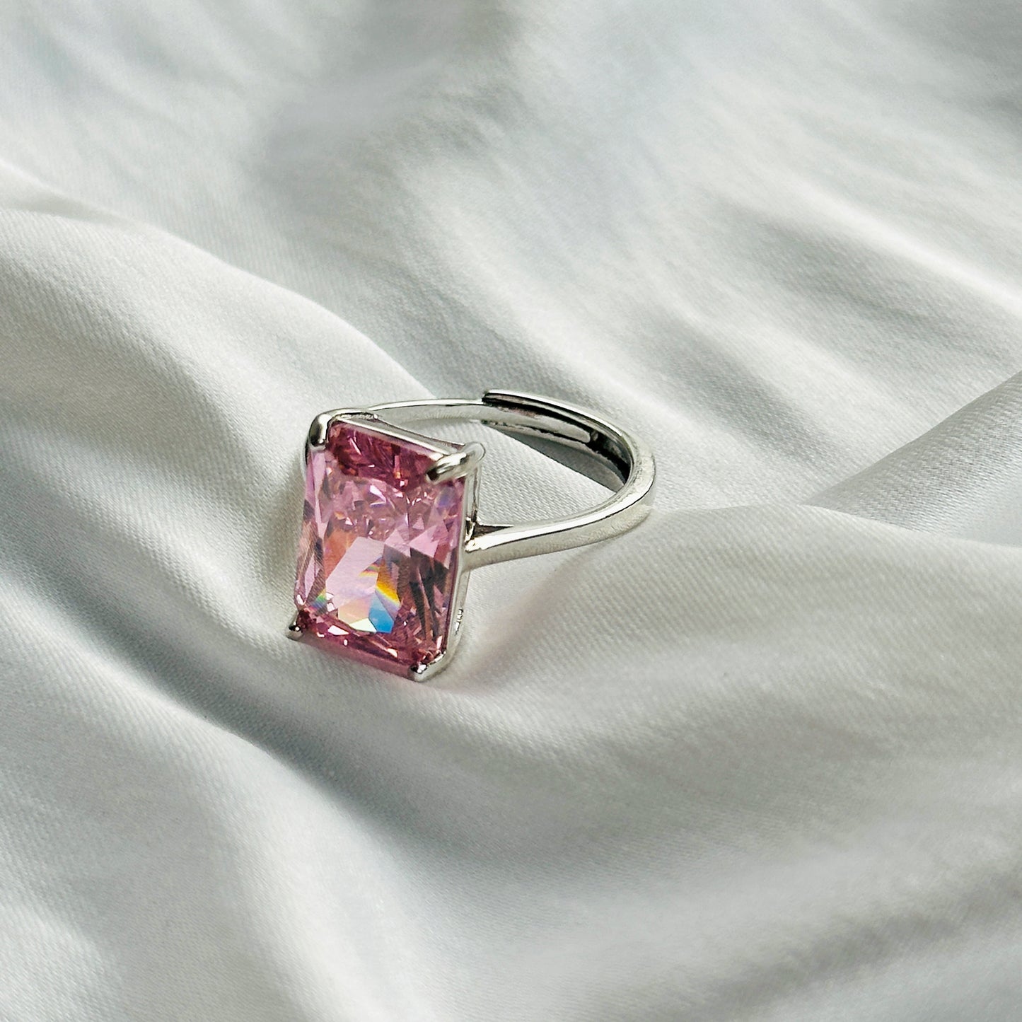 Pink Topaz Cubic Zircon Ice Cut Stone Silver Plated Adjustable Ring