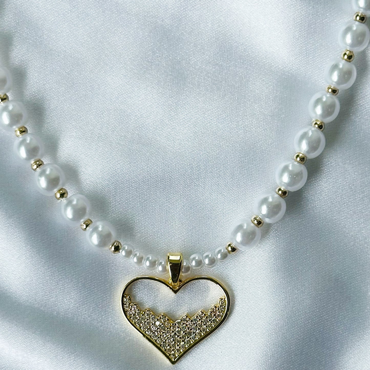 Heart Shape American Diamond Pearl Gold Plated Stainless Steel Necklace
