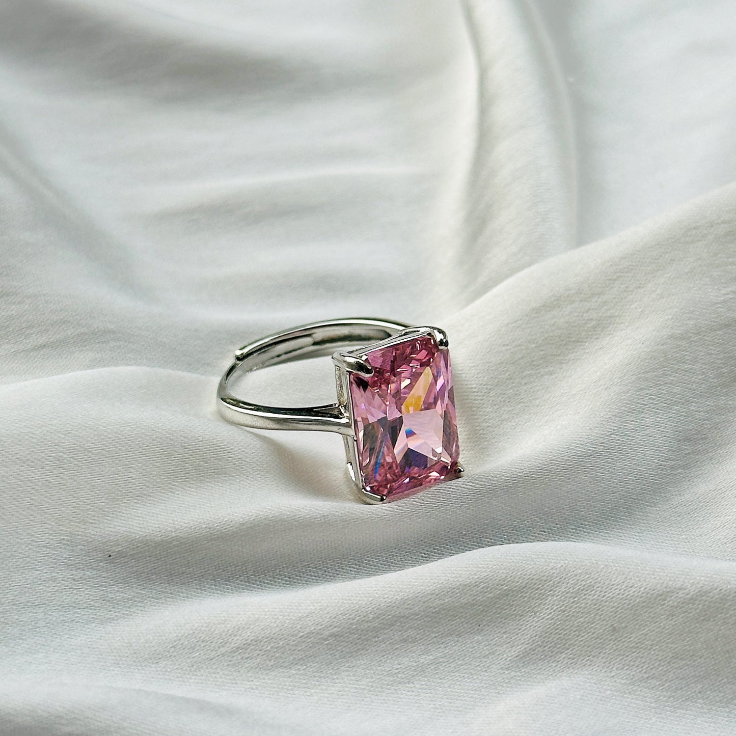 Pink Topaz Cubic Zircon Ice Cut Stone Silver Plated Adjustable Ring