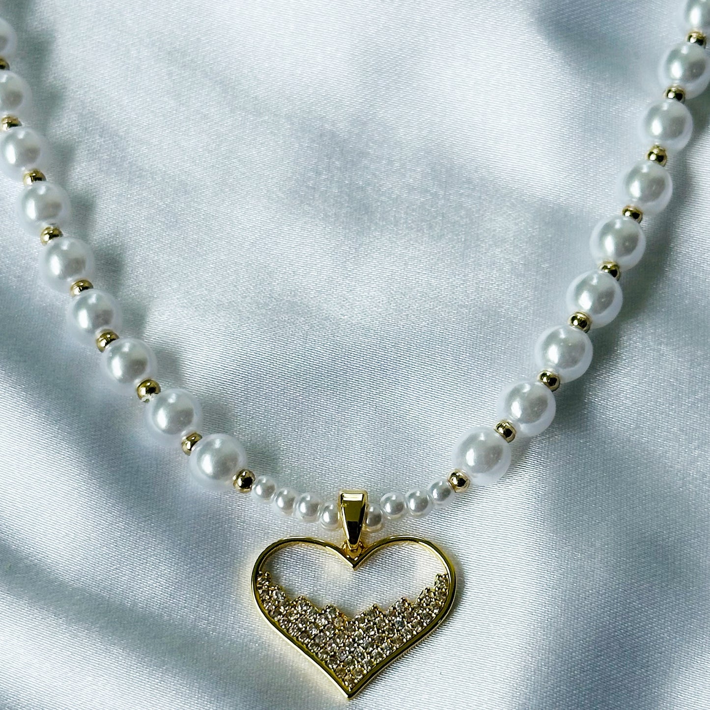 Heart Shape American Diamond Pearl Gold Plated Stainless Steel Necklace