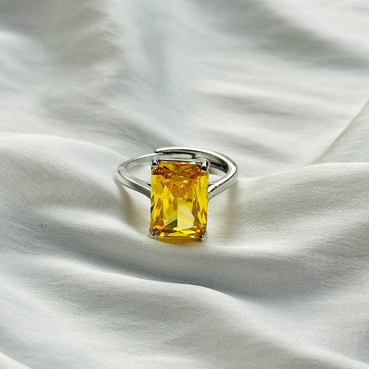 Yellow Topaz Cubic Zircon Ice Cut Stone Silver Plated Adjustable Ring