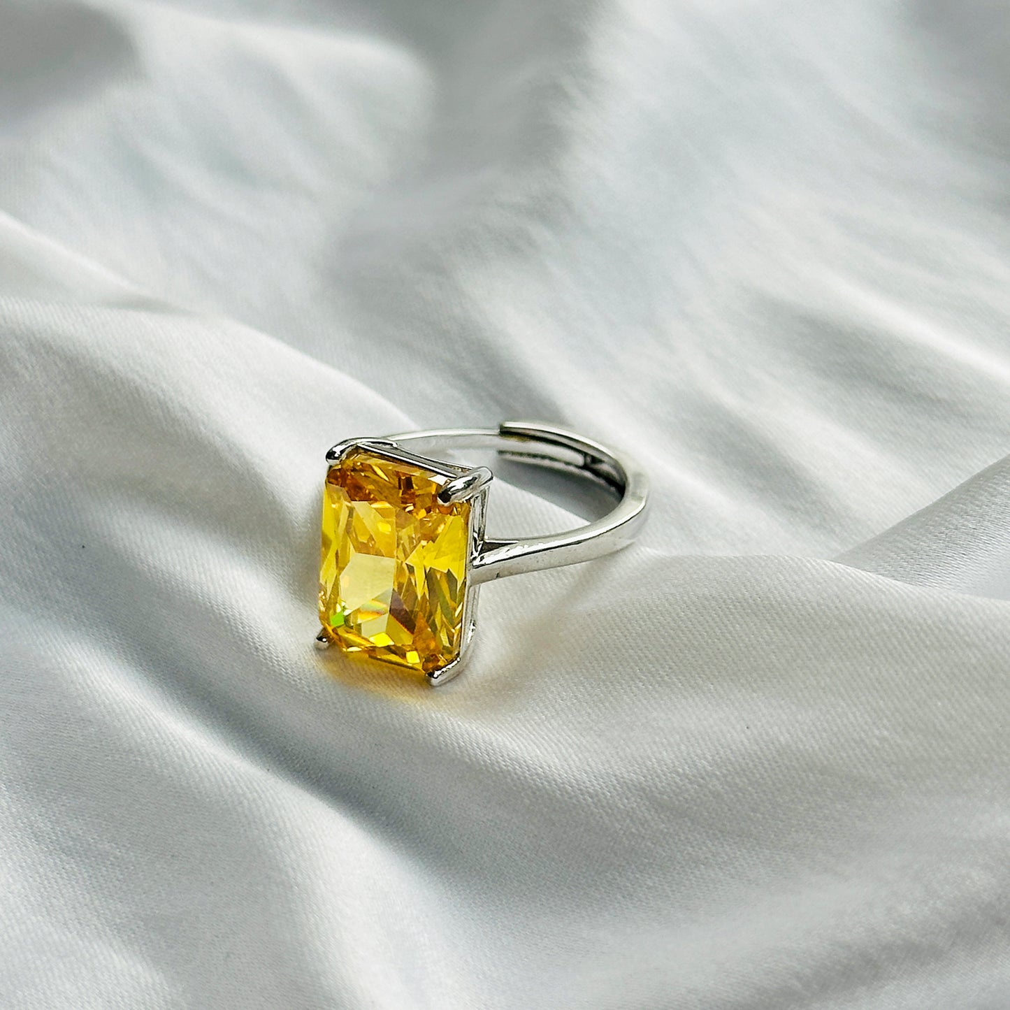 Yellow Topaz Cubic Zircon Ice Cut Stone Silver Plated Adjustable Ring