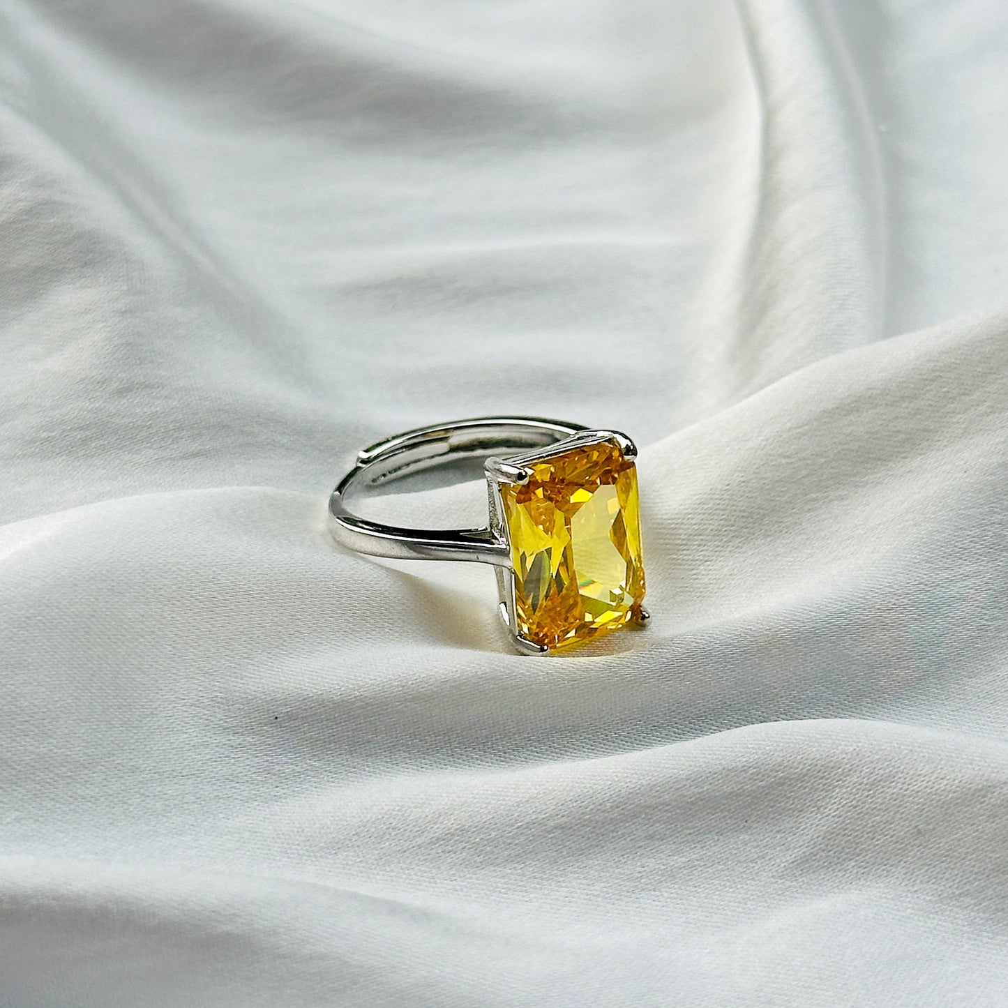 Yellow Topaz Cubic Zircon Ice Cut Stone Silver Plated Adjustable Ring