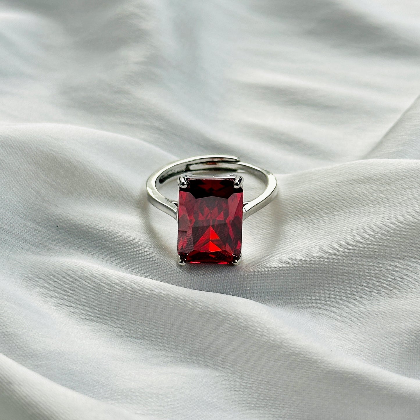 Red Ruby Cubic Zircon Ice Cut Stone Silver Plated Adjustable Ring