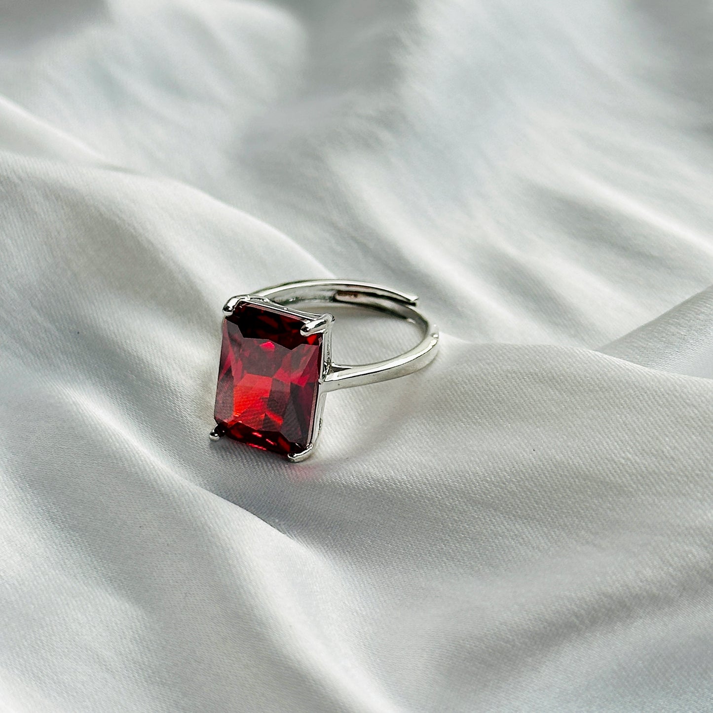 Red Ruby Cubic Zircon Ice Cut Stone Silver Plated Adjustable Ring