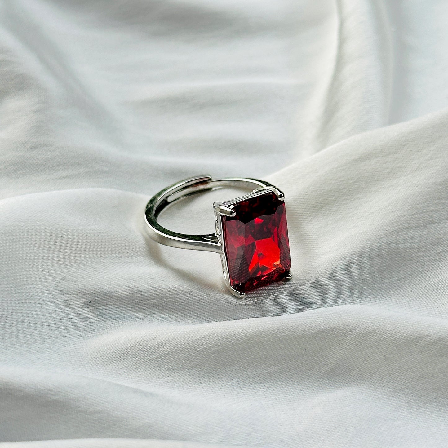 Red Ruby Cubic Zircon Ice Cut Stone Silver Plated Adjustable Ring