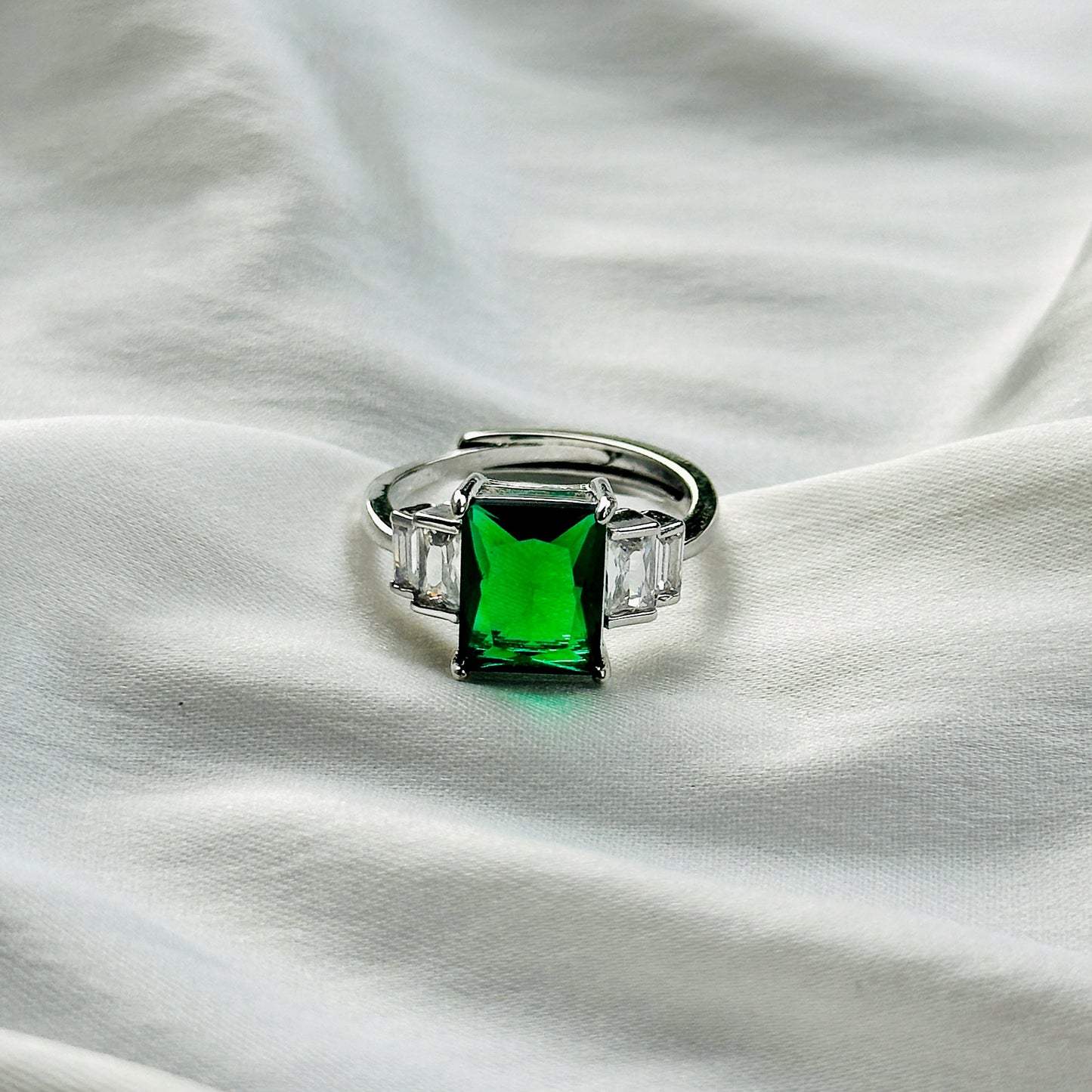 Green Emerald Cubic Zircon Ice Cut Stone American Diamond Silver Plated Adjustable Ring