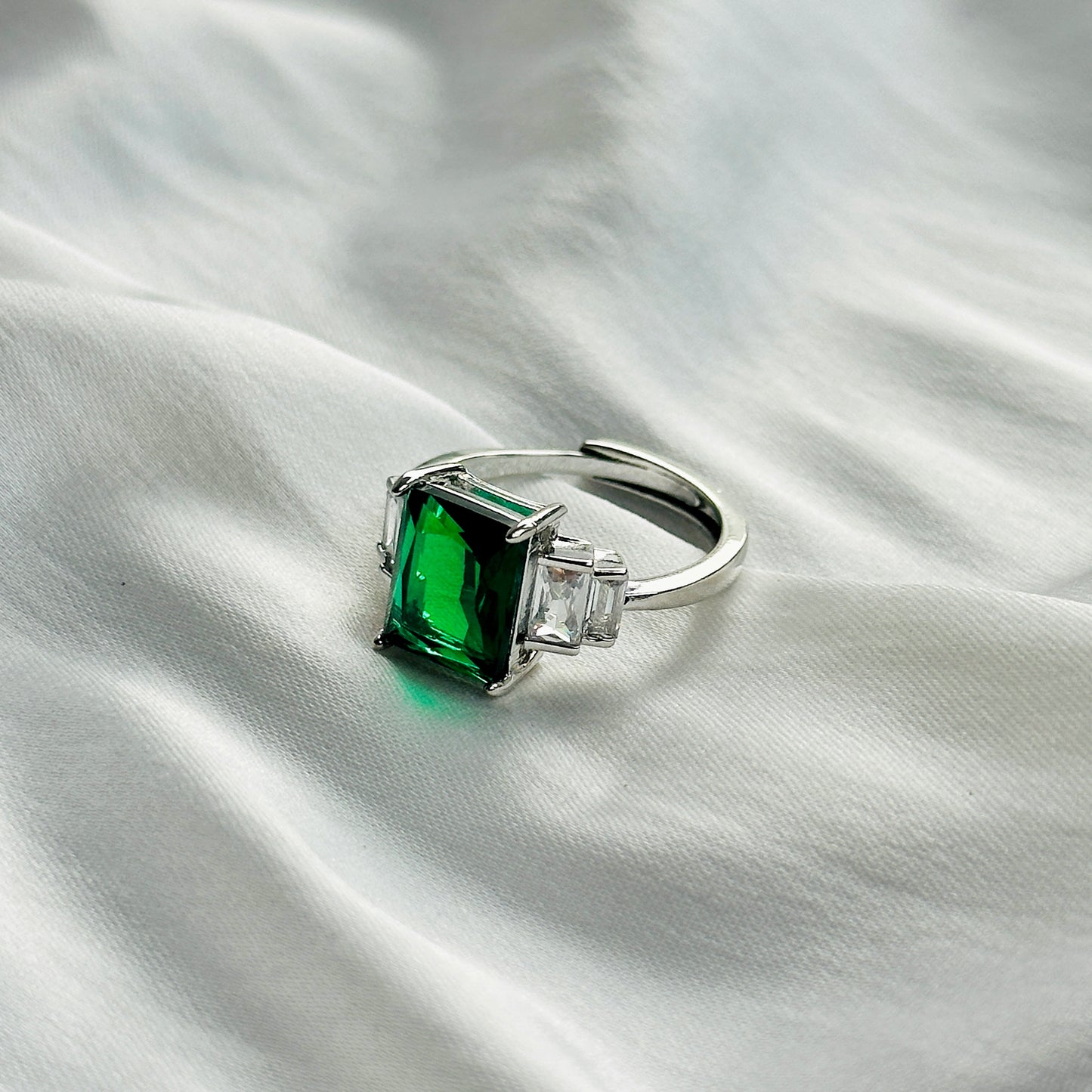 Green Emerald Cubic Zircon Ice Cut Stone American Diamond Silver Plated Adjustable Ring