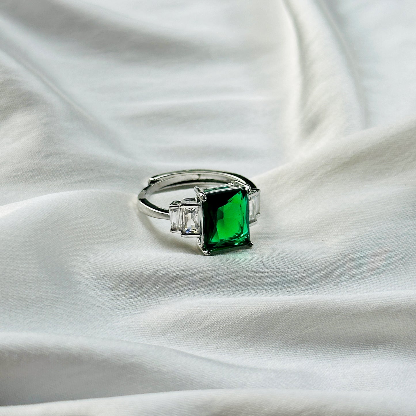 Green Emerald Cubic Zircon Ice Cut Stone American Diamond Silver Plated Adjustable Ring