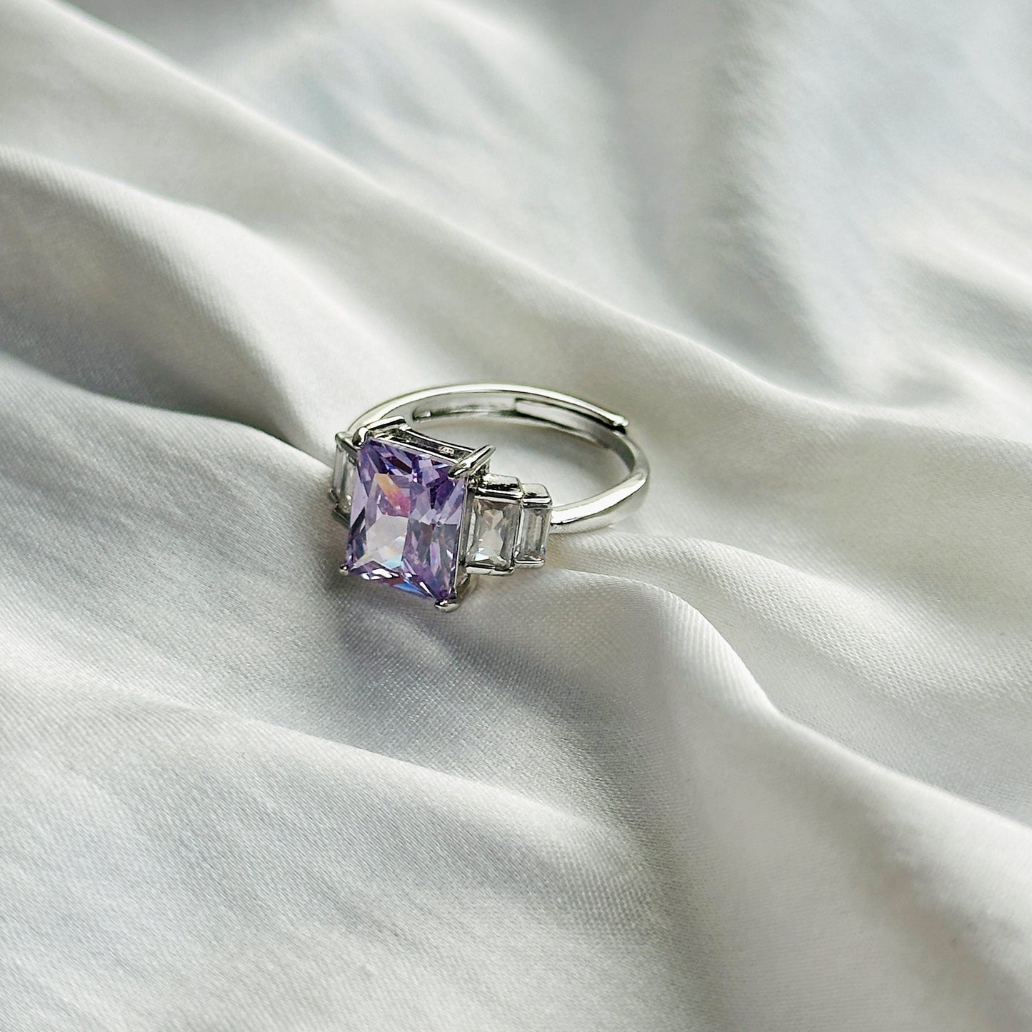 Light Amethyst Cubic Zircon Ice Cut Stone American Diamond Silver Plated Adjustable Ring