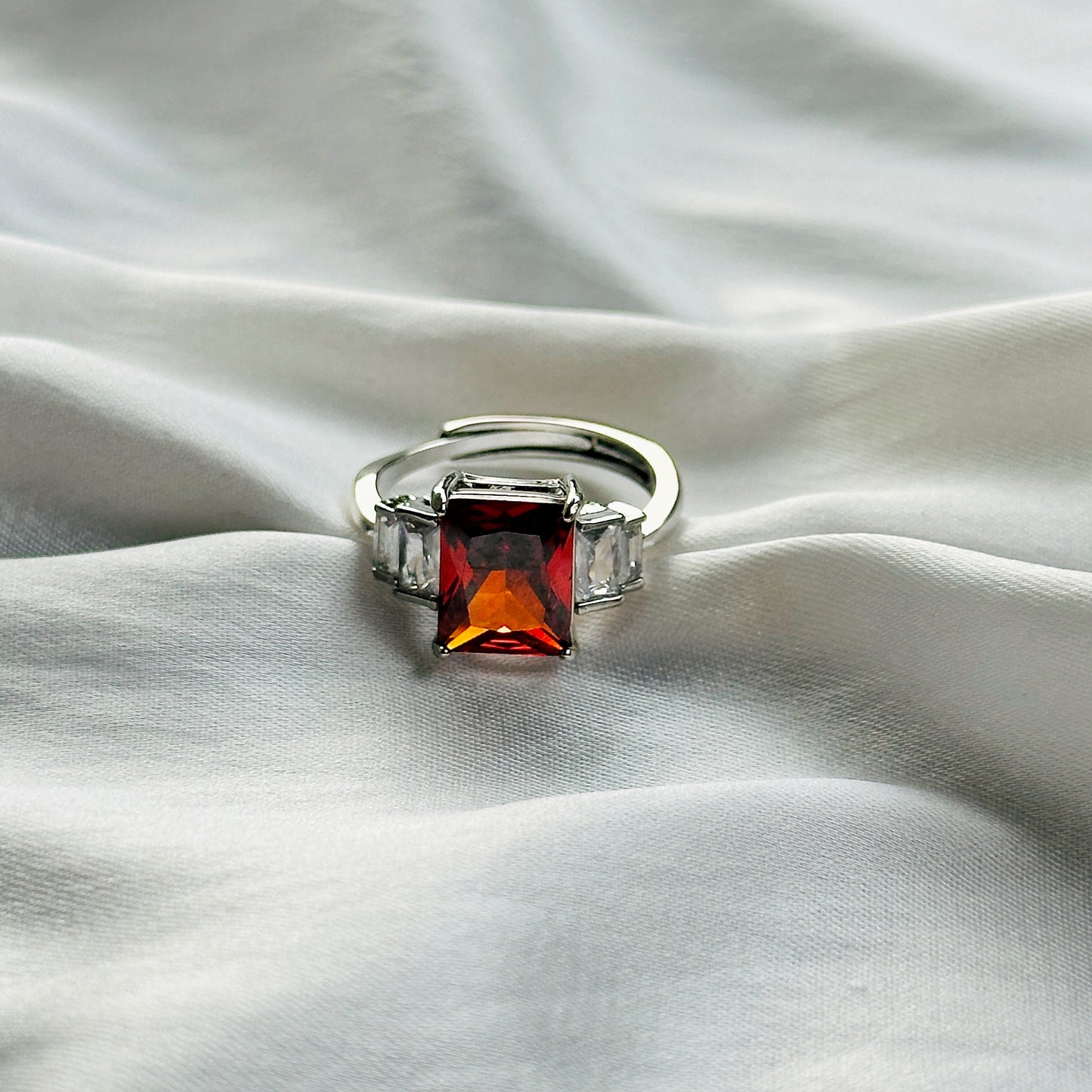 Red Ruby Cubic Zircon Ice Cut Stone American Diamond Silver Plated Adjustable Ring