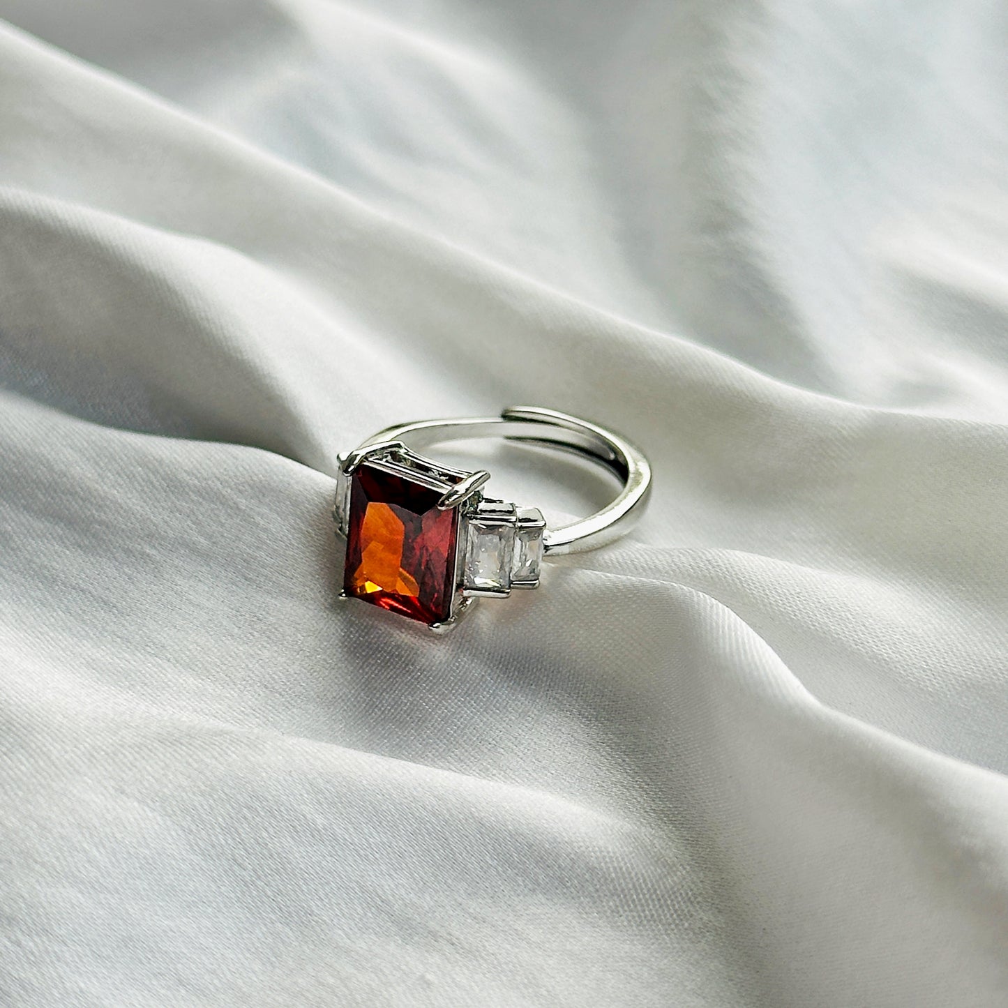 Red Ruby Cubic Zircon Ice Cut Stone American Diamond Silver Plated Adjustable Ring