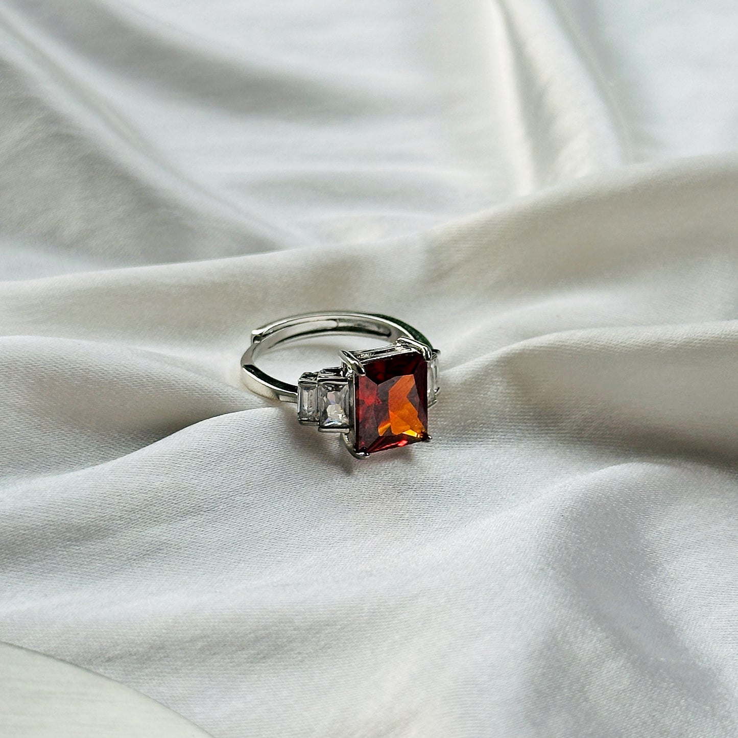 Red Ruby Cubic Zircon Ice Cut Stone American Diamond Silver Plated Adjustable Ring