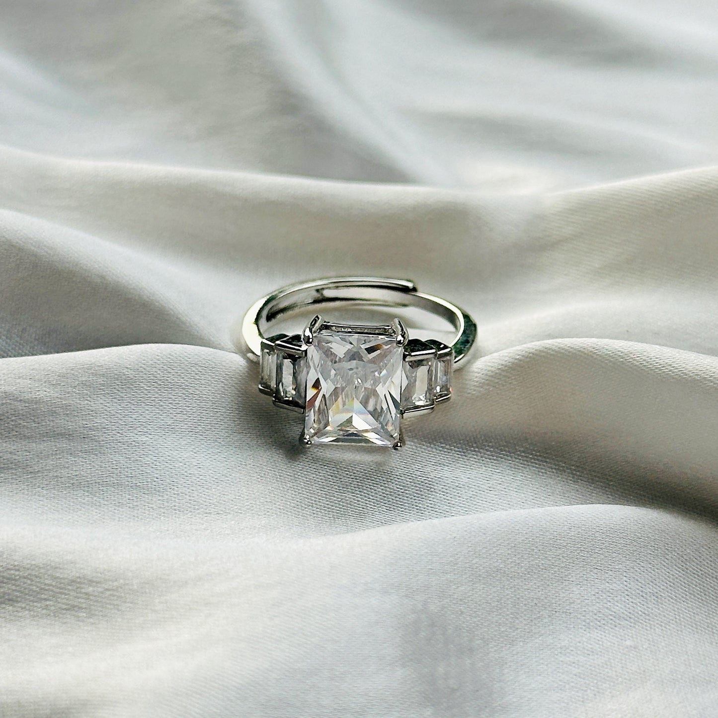 American Diamond Ice Cut Stone American Diamond Silver Plated Adjustable Ring