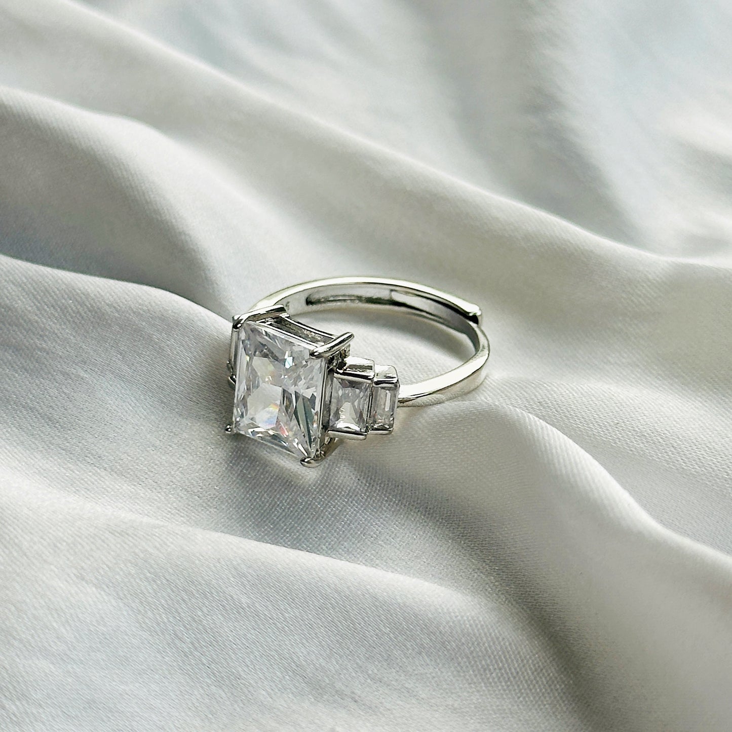 American Diamond Ice Cut Stone American Diamond Silver Plated Adjustable Ring
